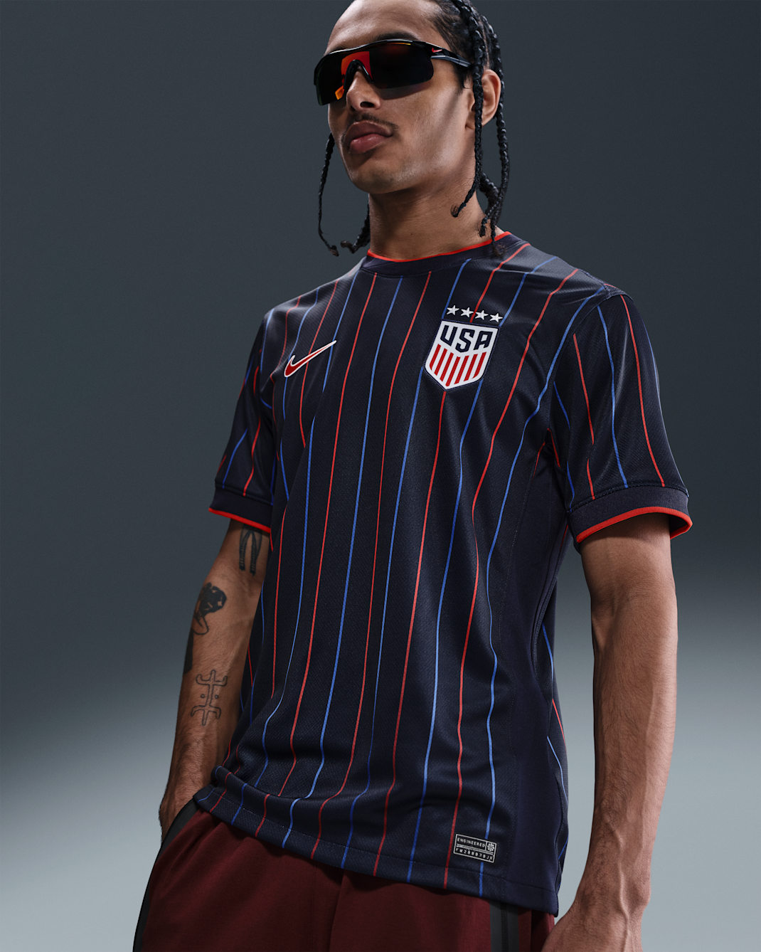 Jersey de futbol Nike Dri-FIT Replica para hombre USWNT visitante 2025 Stadium (equipo femenino) - Obsidiana/Rojo reto/Rojo reto
