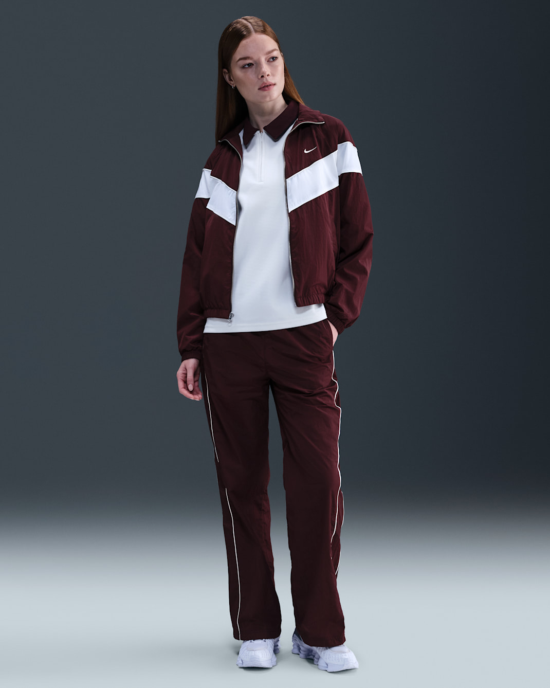 Nike Windrunner Women's High-Waisted Woven Open-Hem Trousers - Burgundy Crush/Sail/Sail
