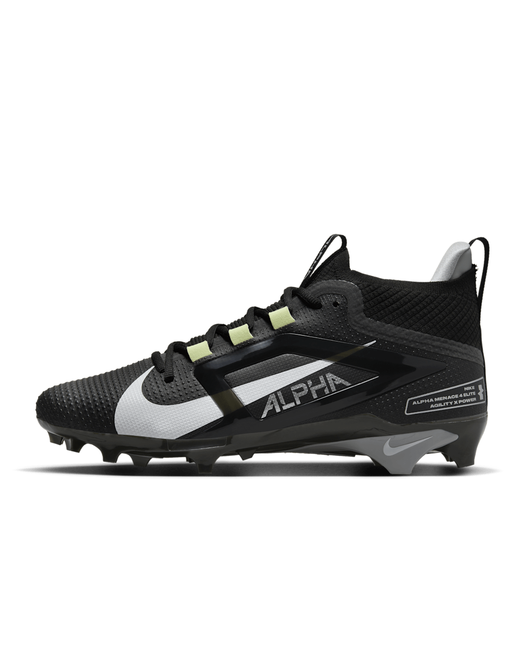 Nike Alpha Menace 4 Elite Football Cleats - Black/Light Smoke Grey/Metallic Silver/White