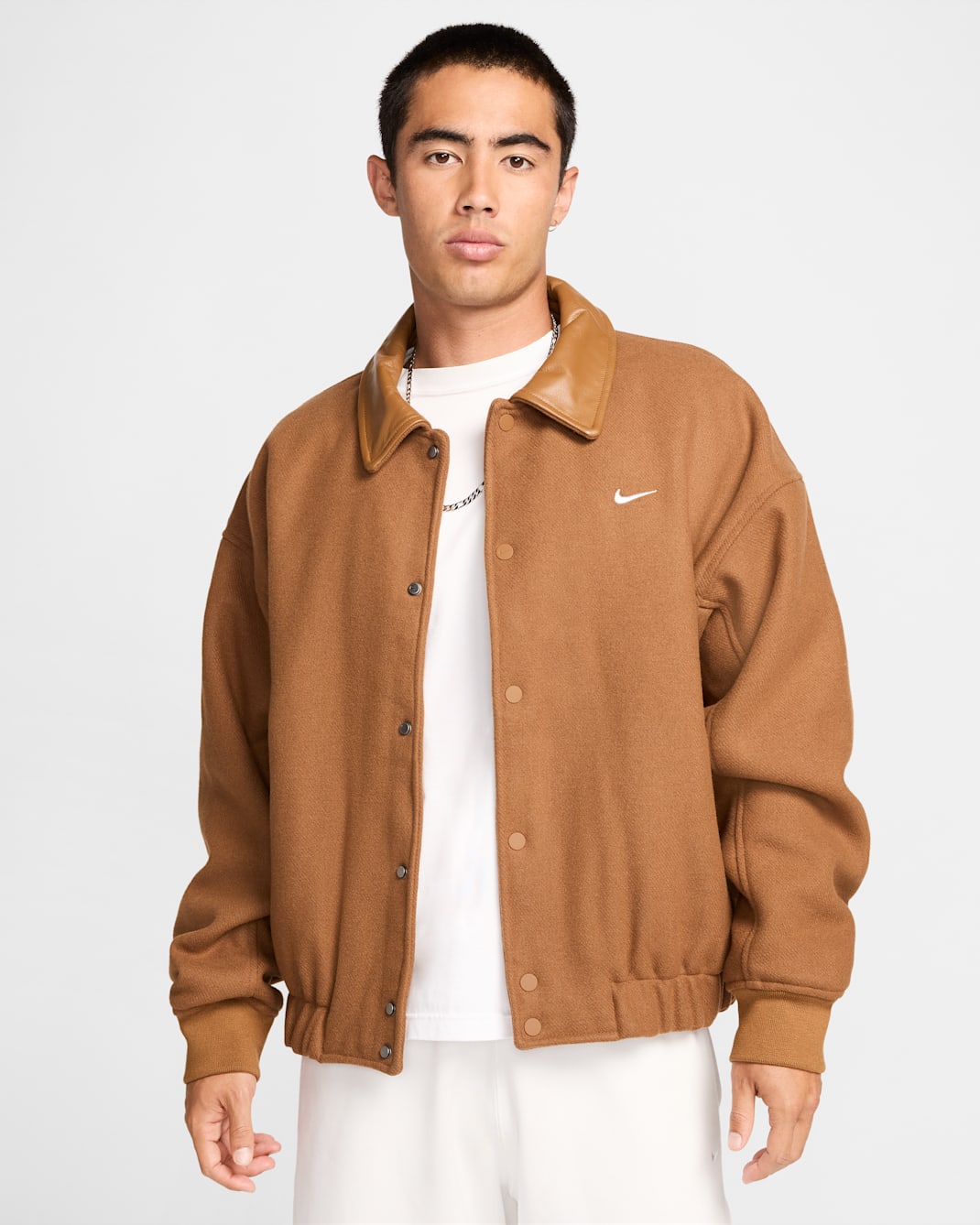 Nike Solo Swoosh Men's Wool Varsity Jacket - Light British Tan/Light Orewood Brown/Black/White