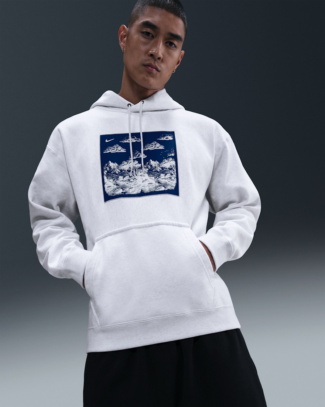 Nike Solo Swoosh Men's Pullover Fleece Hoodie - Birch Heather/Blue Void