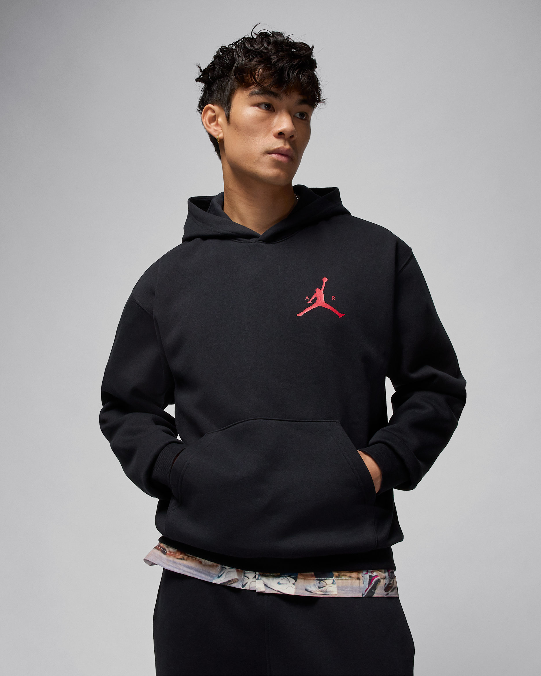 Sudadera con gorro sin cierre Jordan Jumpman de tejido Fleece para hombre - Negro/Blanco/Rojo gimnasio