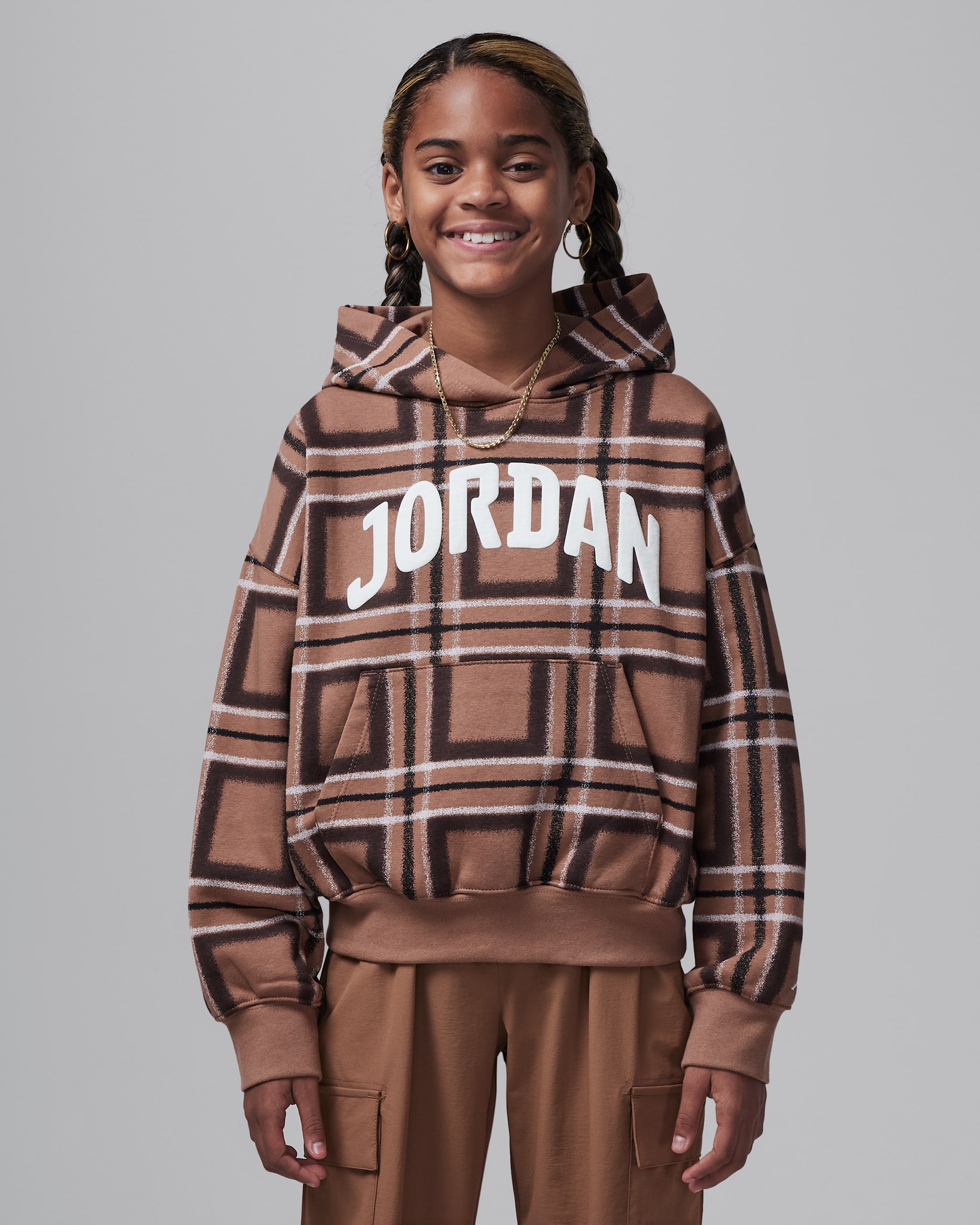Jordan Brooklyn Essentials Big Kids' Plaid Print Pullover Hoodie - Archaeo Brown