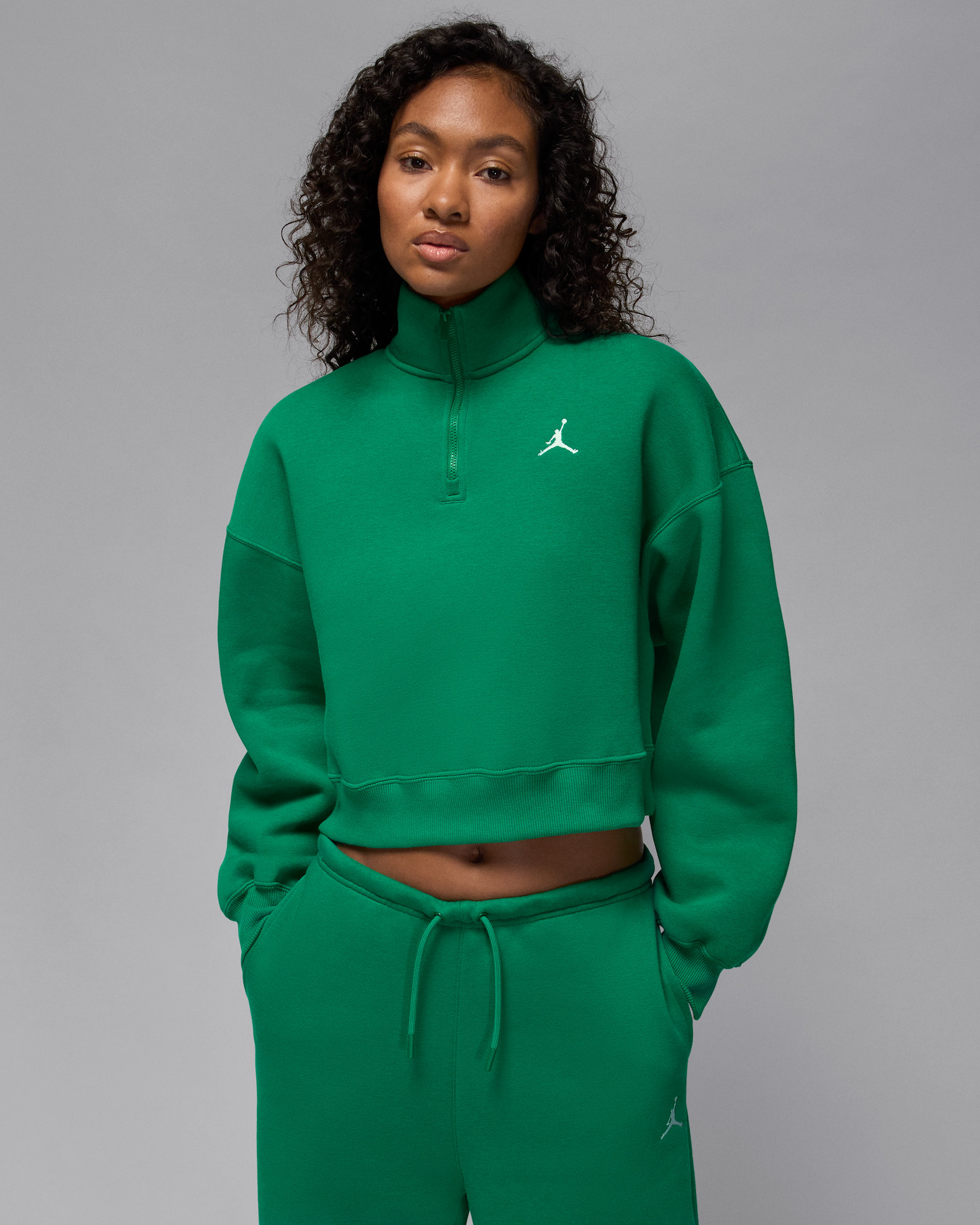 Jordan Brooklyn Fleece overdel med glidelås i kvart lengde til dame - Malachite/Hvit