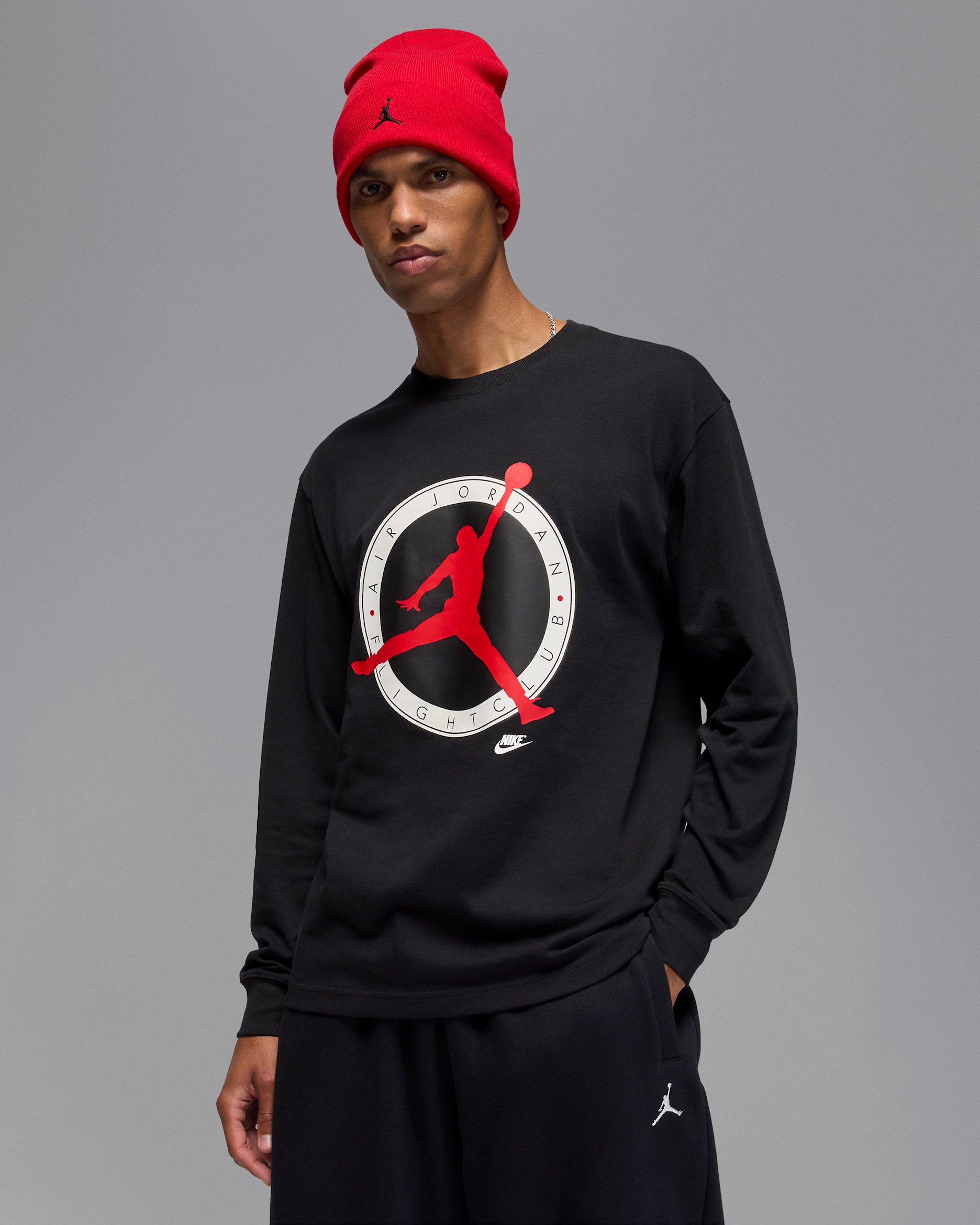 T-shirt de manga comprida Jordan Flight Club para homem - Preto/Vermelho University