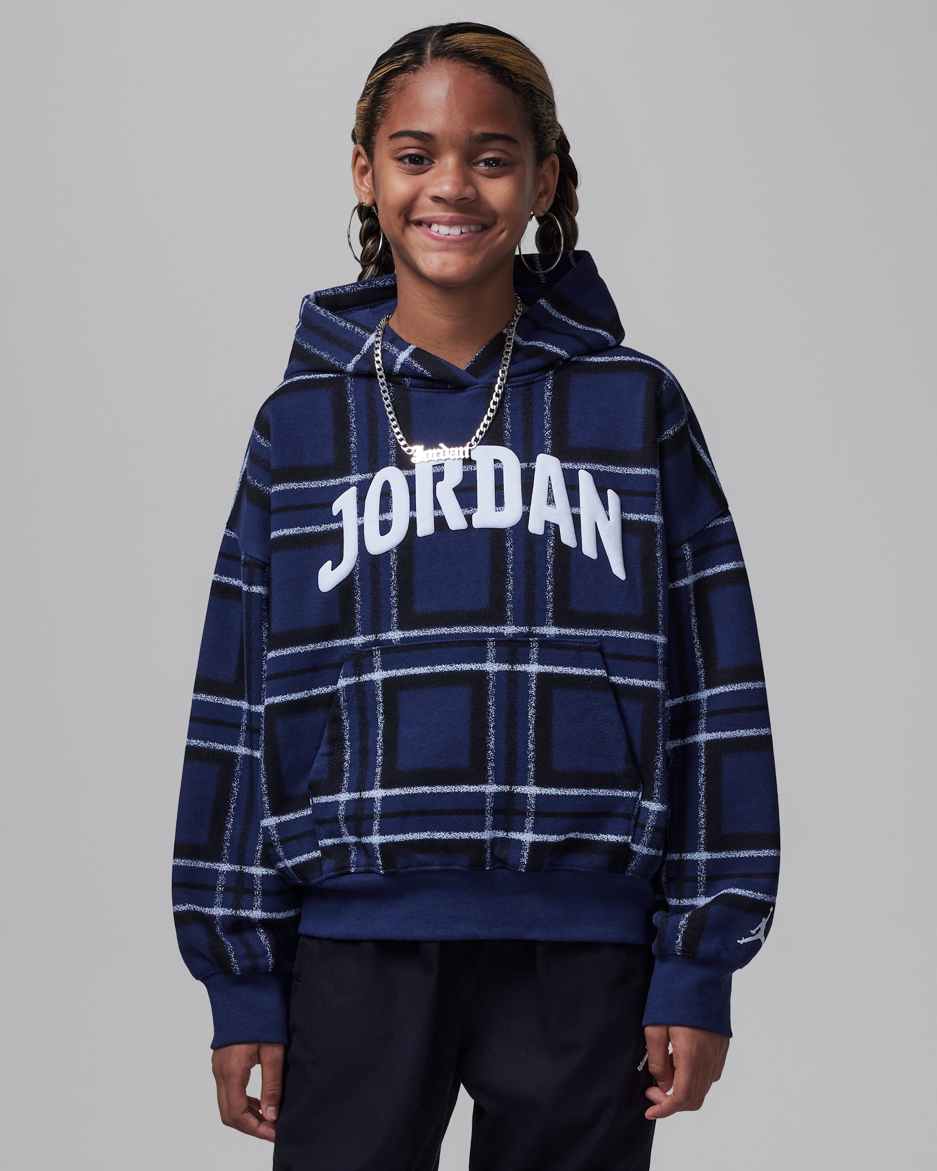 ジョーダン ブルックリン エッセンシャル ジュニア プレイド プリント プルオーバー パーカー - ミッドナイトネイビー