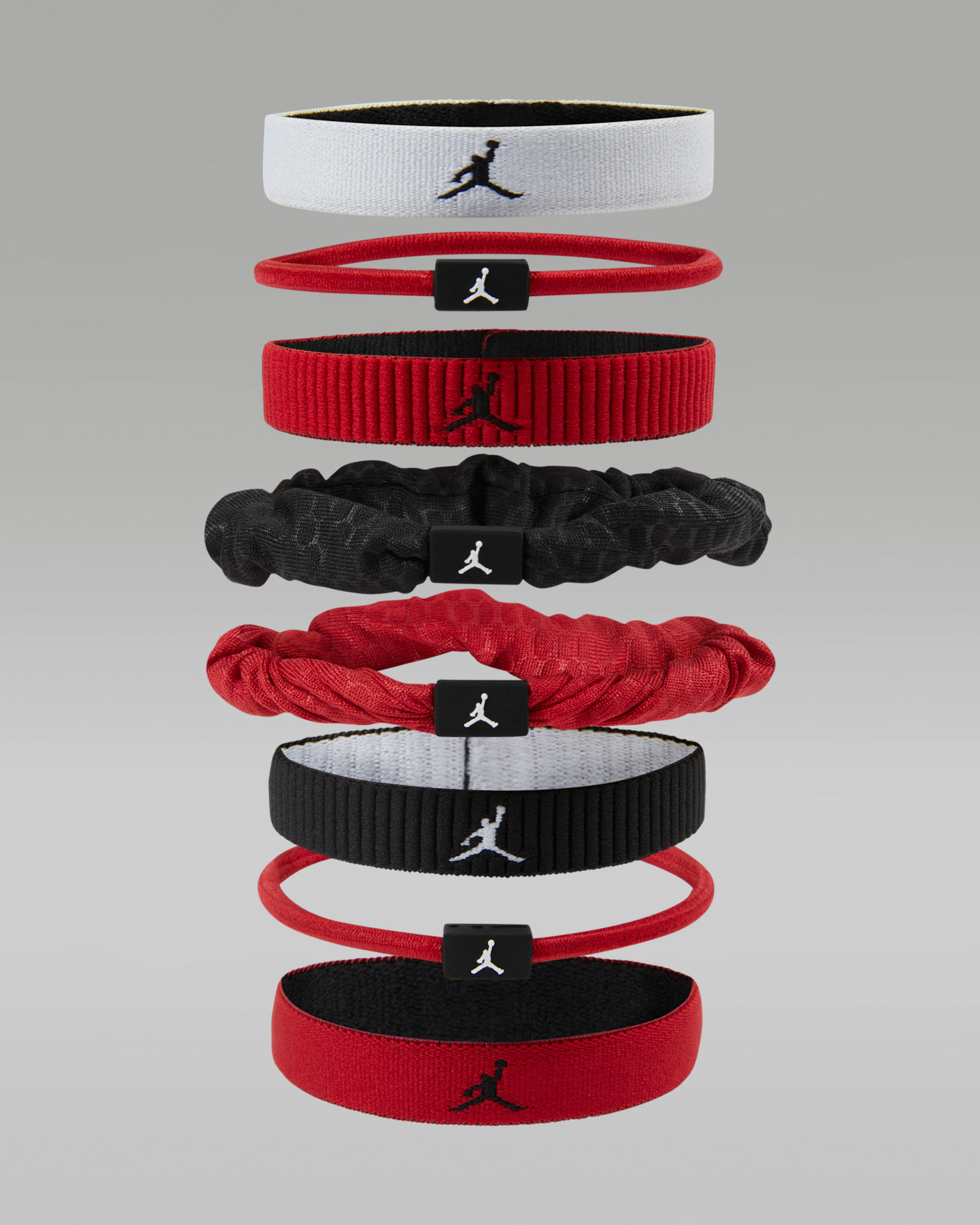 Ligas para el cabello elásticas mixtas (paquete de 8) Jordan Sport - Blanco/Rojo gimnasio/Negro