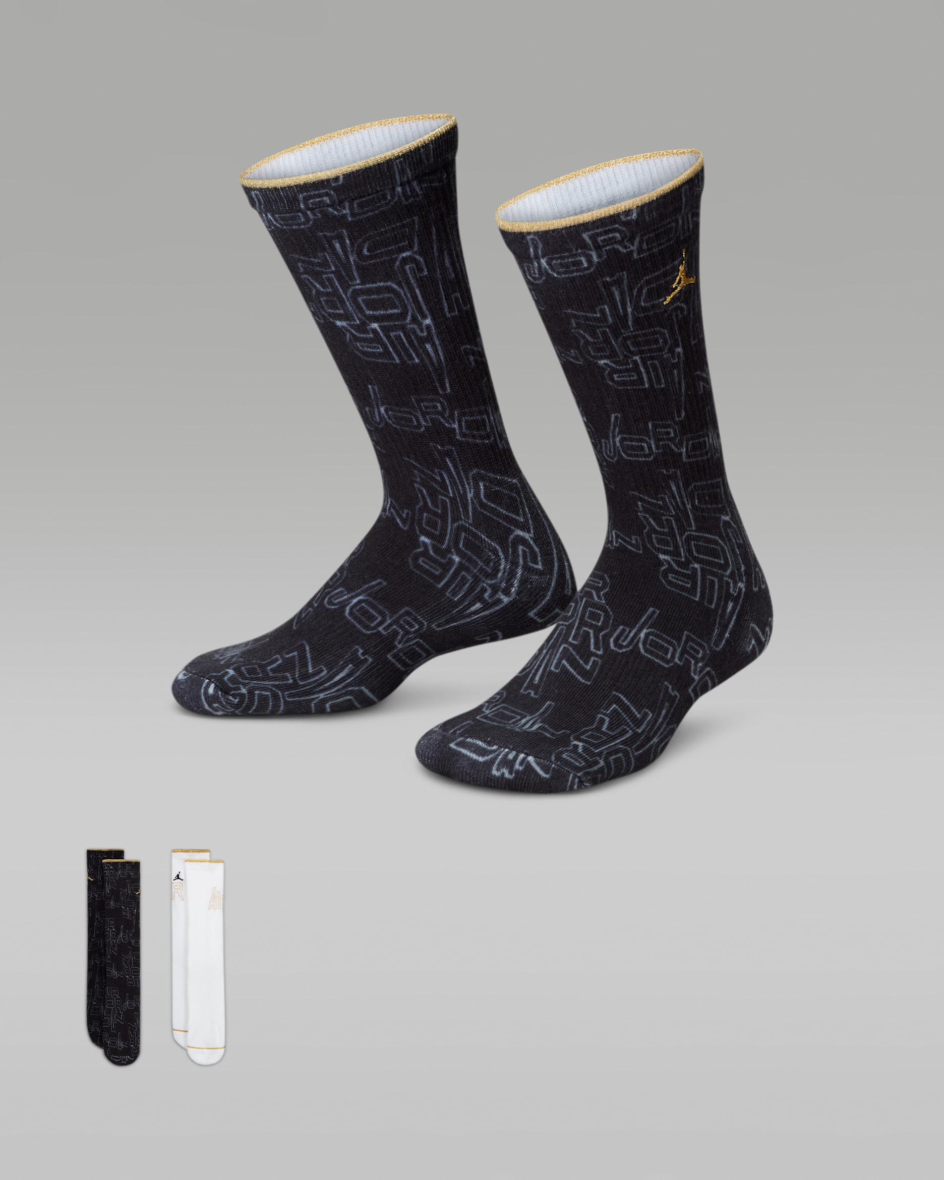 Jordan Black and Gold Crew Socks (2 Pairs) Big Kids Socks - Black