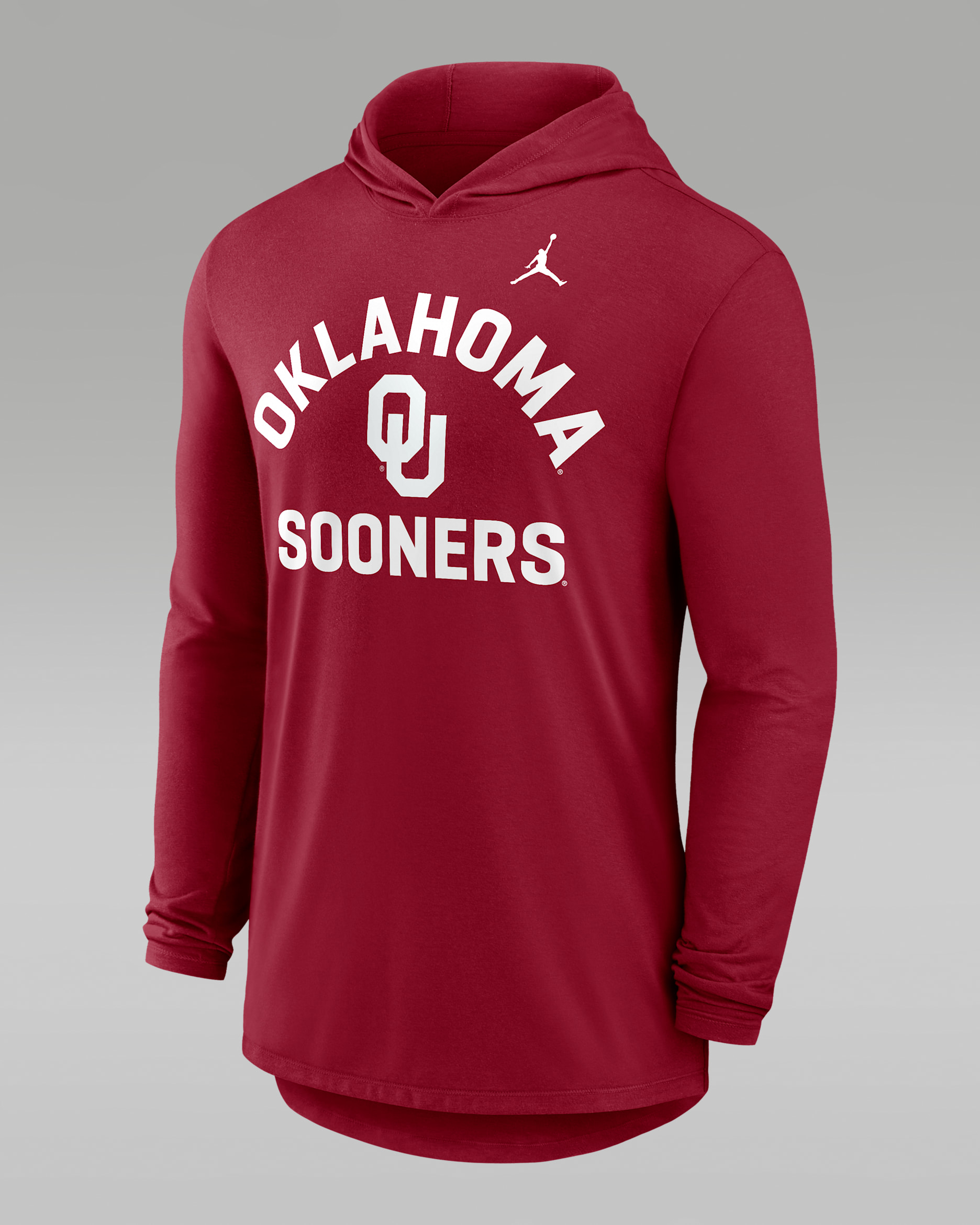 Oklahoma Primetime Arch Men's Jordan Brand Dri-FIT College Long-Sleeve Hooded T-Shirt - Crimson
