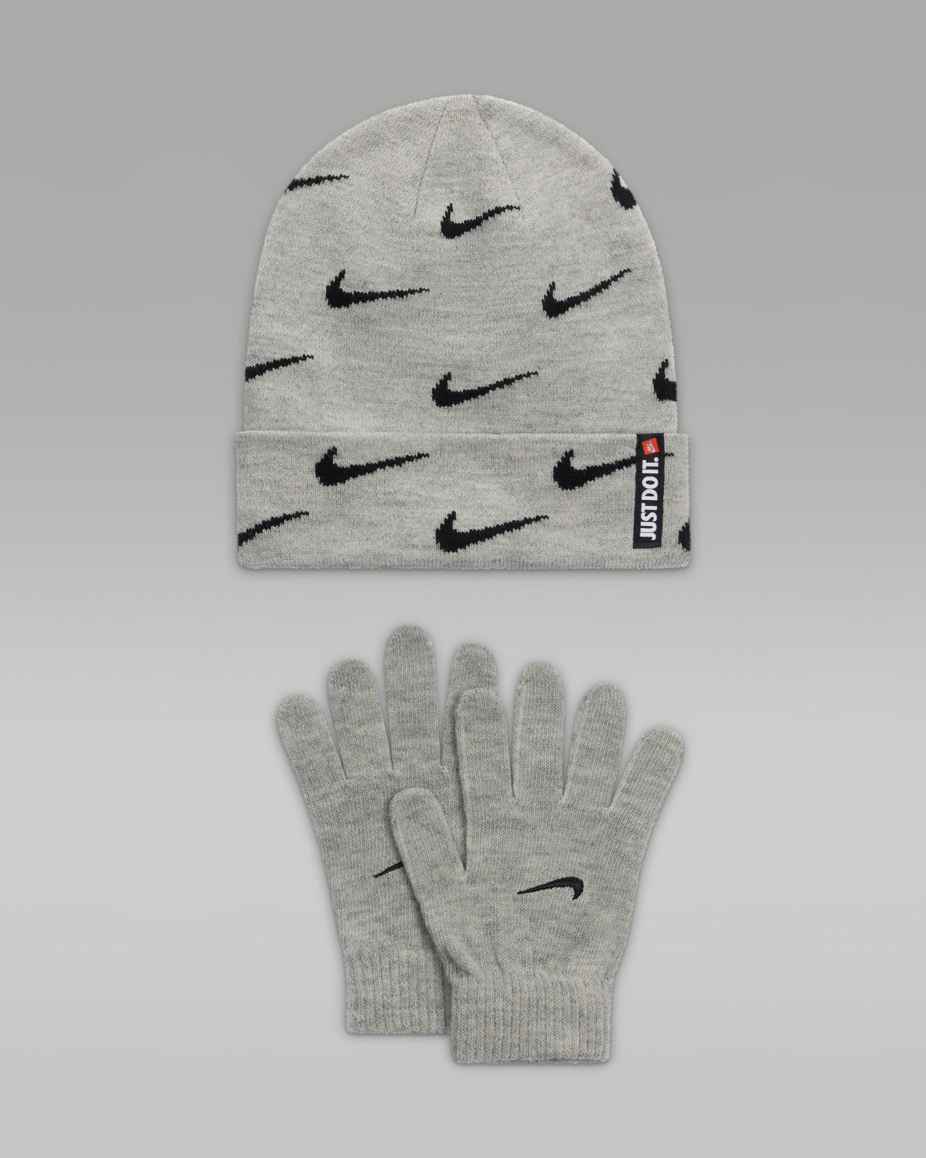 Conjunto de gorro y guantes para niños talla grande Nike Swoosh Repeat - Gris oscuro jaspeado