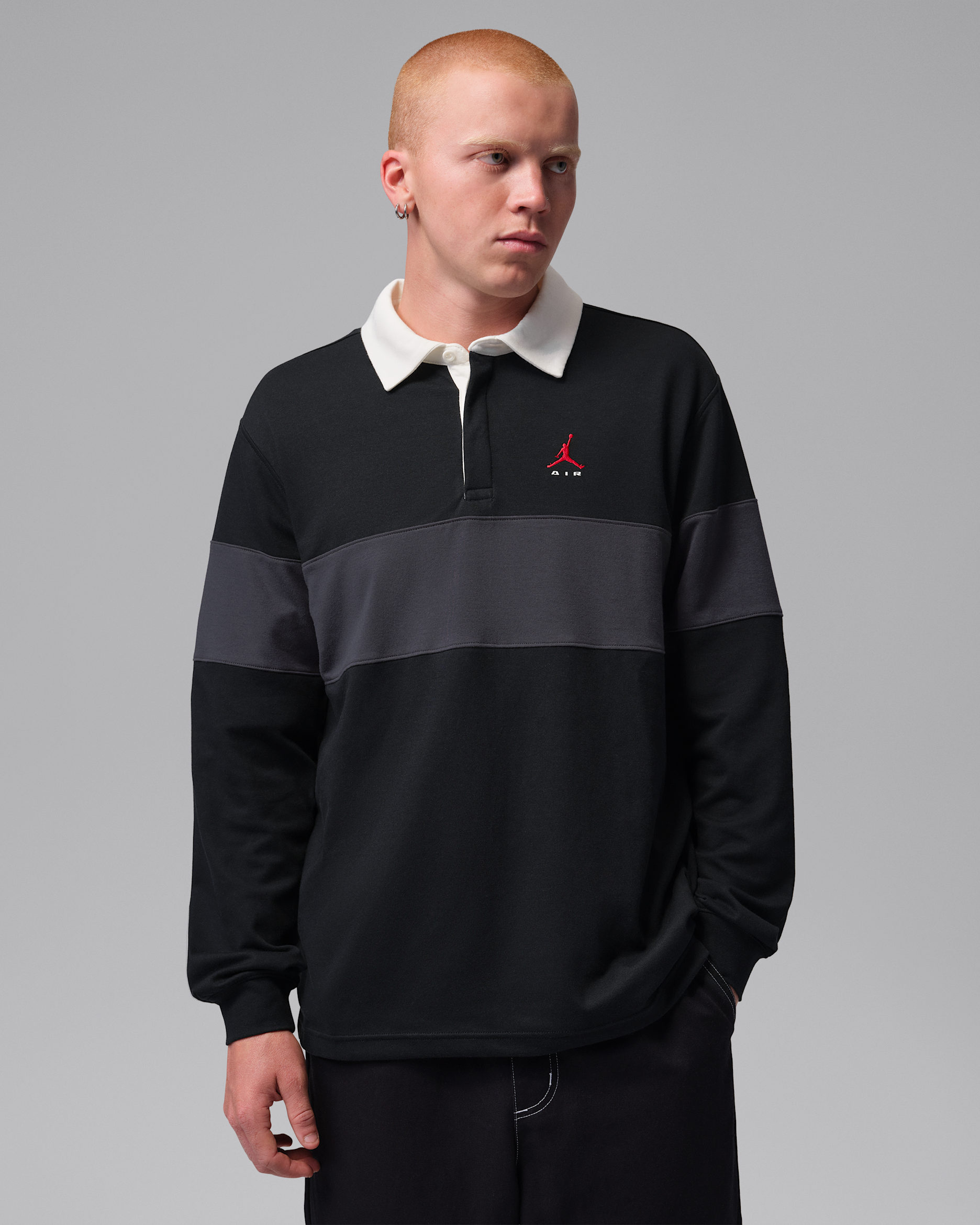 Jordan Brooklyn Men's Long-Sleeve Polo - Black/Dark Smoke Grey/Sail/University Red