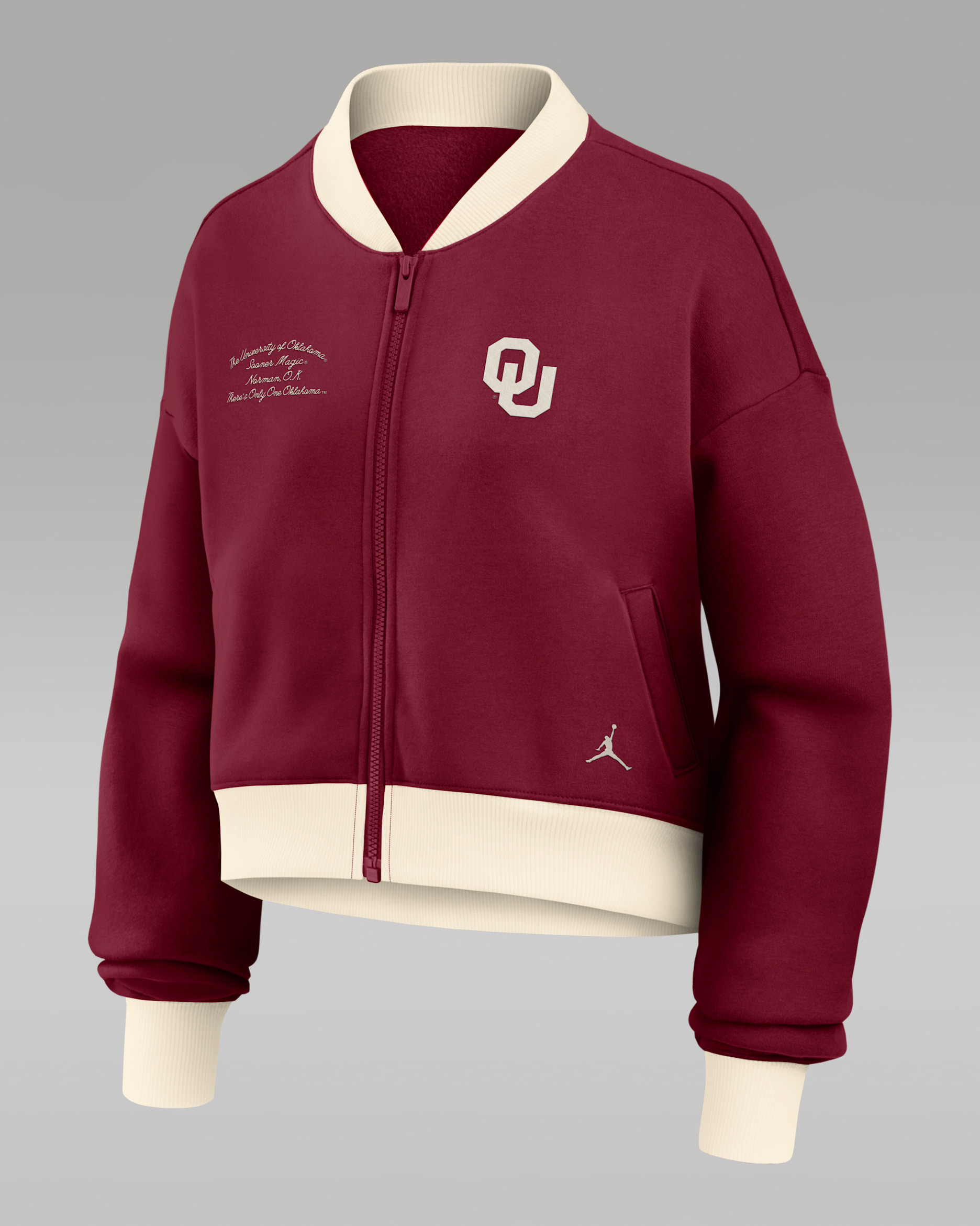 Chamarra bomber universitaria oversized cropped de cierre completo marca Jordan Oklahoma Academic para mujer - Carmesí/Natural