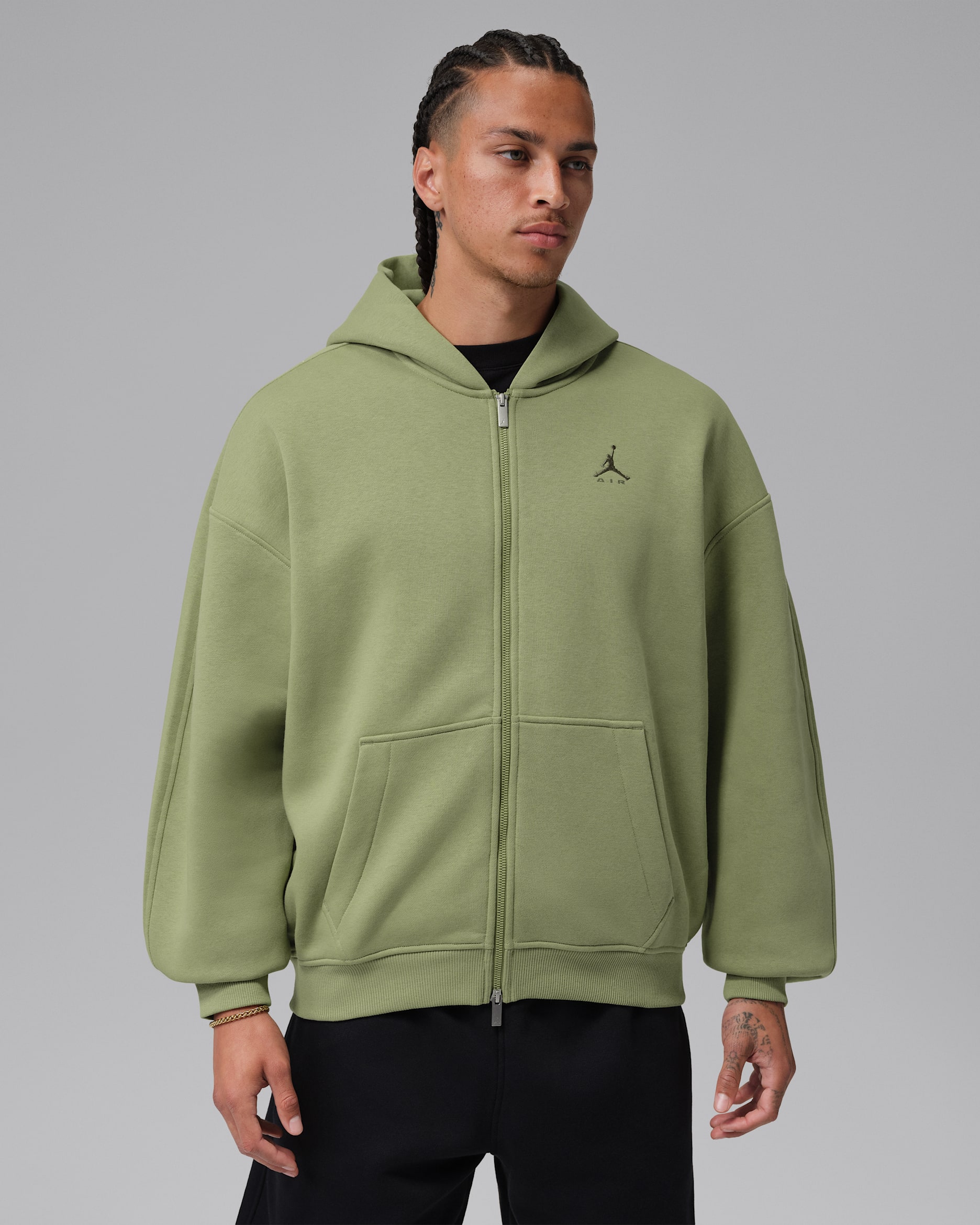 Fleecetröja i oversize-modell Jordan Brooklyn med hel dragkedja för män - Alligator/Medium Olive