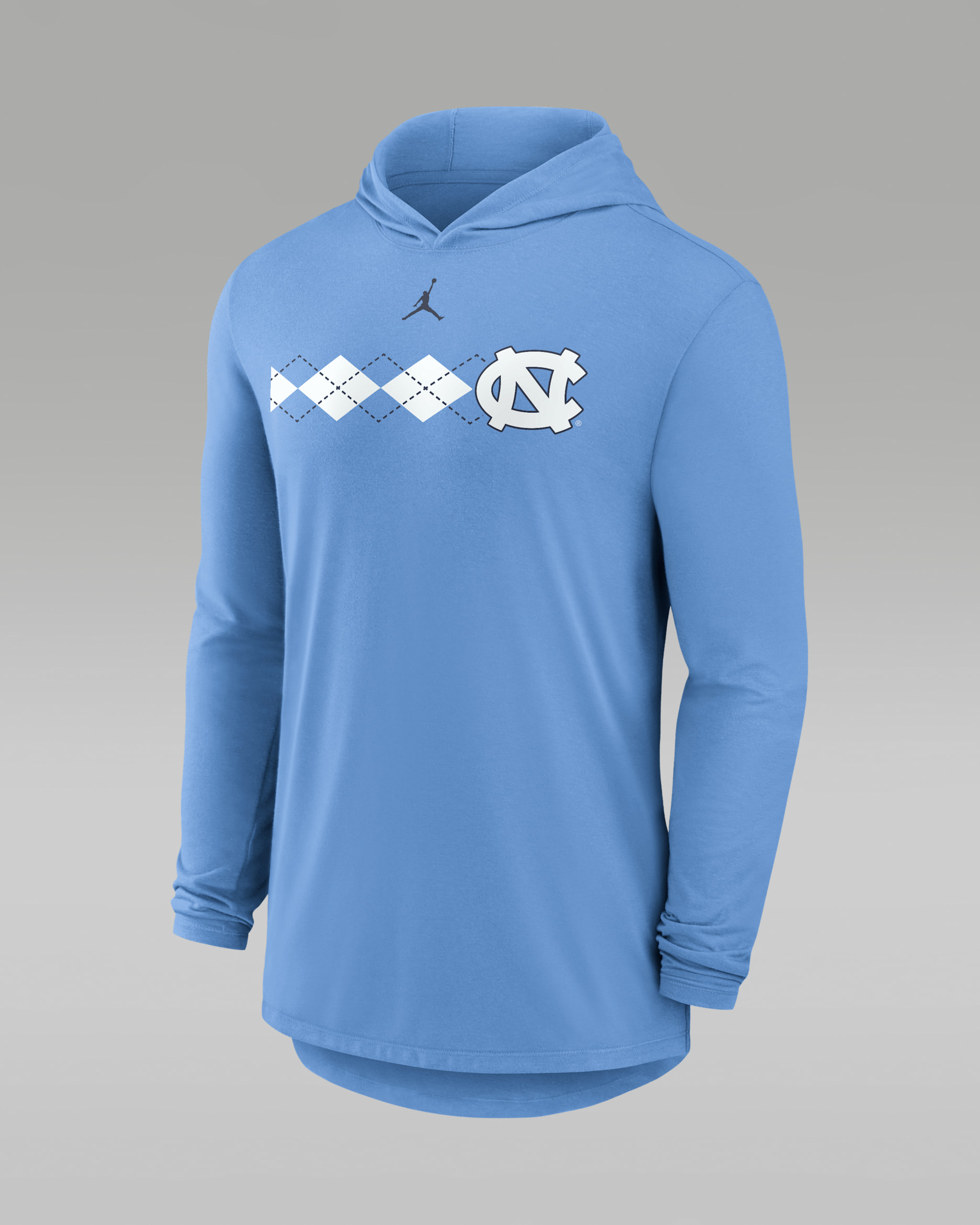 Playera de manga larga universitaria marca Jordan Dri-FIT con gorro y estampado para hombre North Carolina Primetime - Azul claro