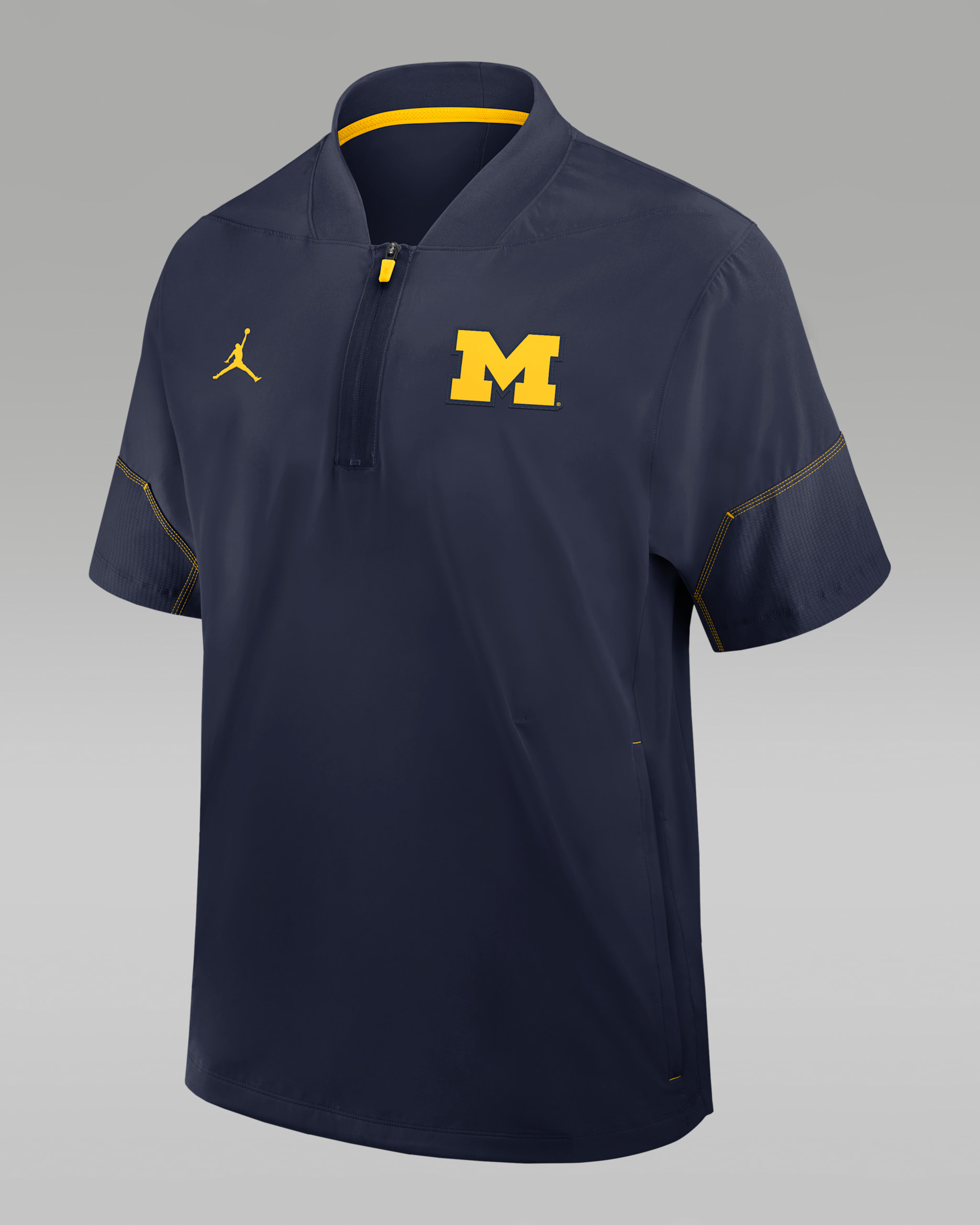 Michigan Sideline Coach Men's Jordan Brand College 1/2-Zip Short-Sleeve Hooded Jacket - College Navy