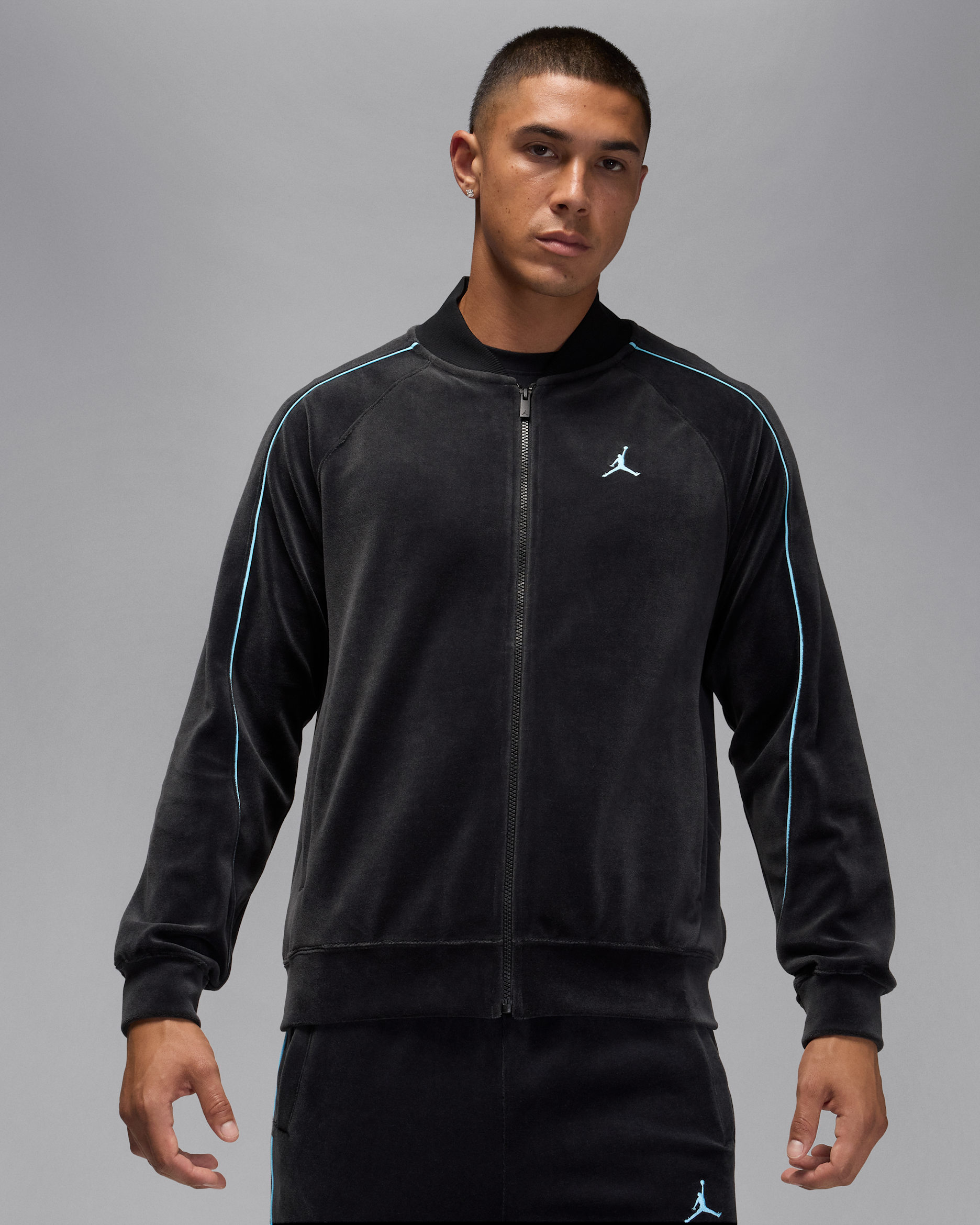 Jordan Brooklyn Men's Velour Track Jacket - Black/Blue Chill