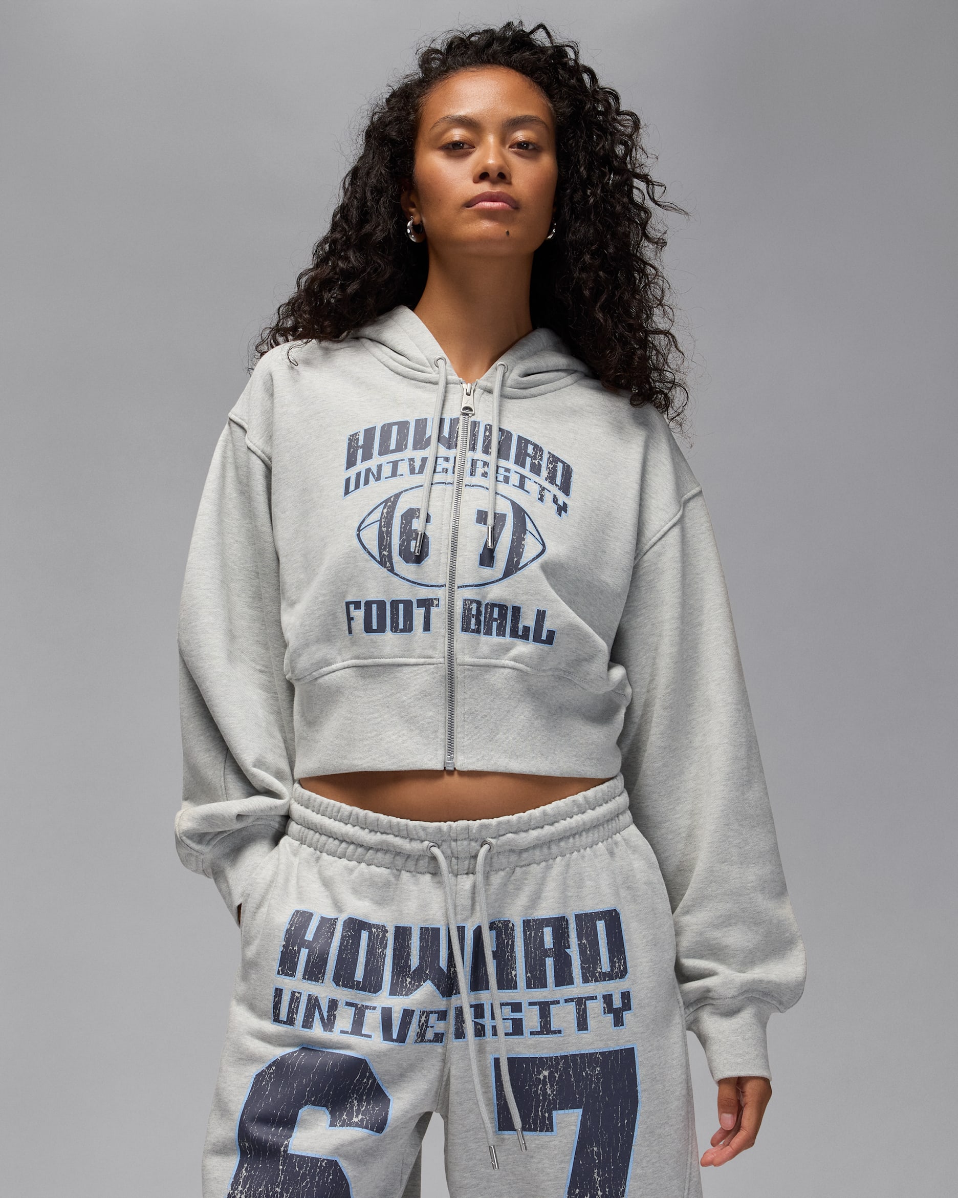 Jordan Flight Fleece x Howard University Women's Full-Zip Cropped Hoodie - Grey Heather/Pale Grey/Gridiron