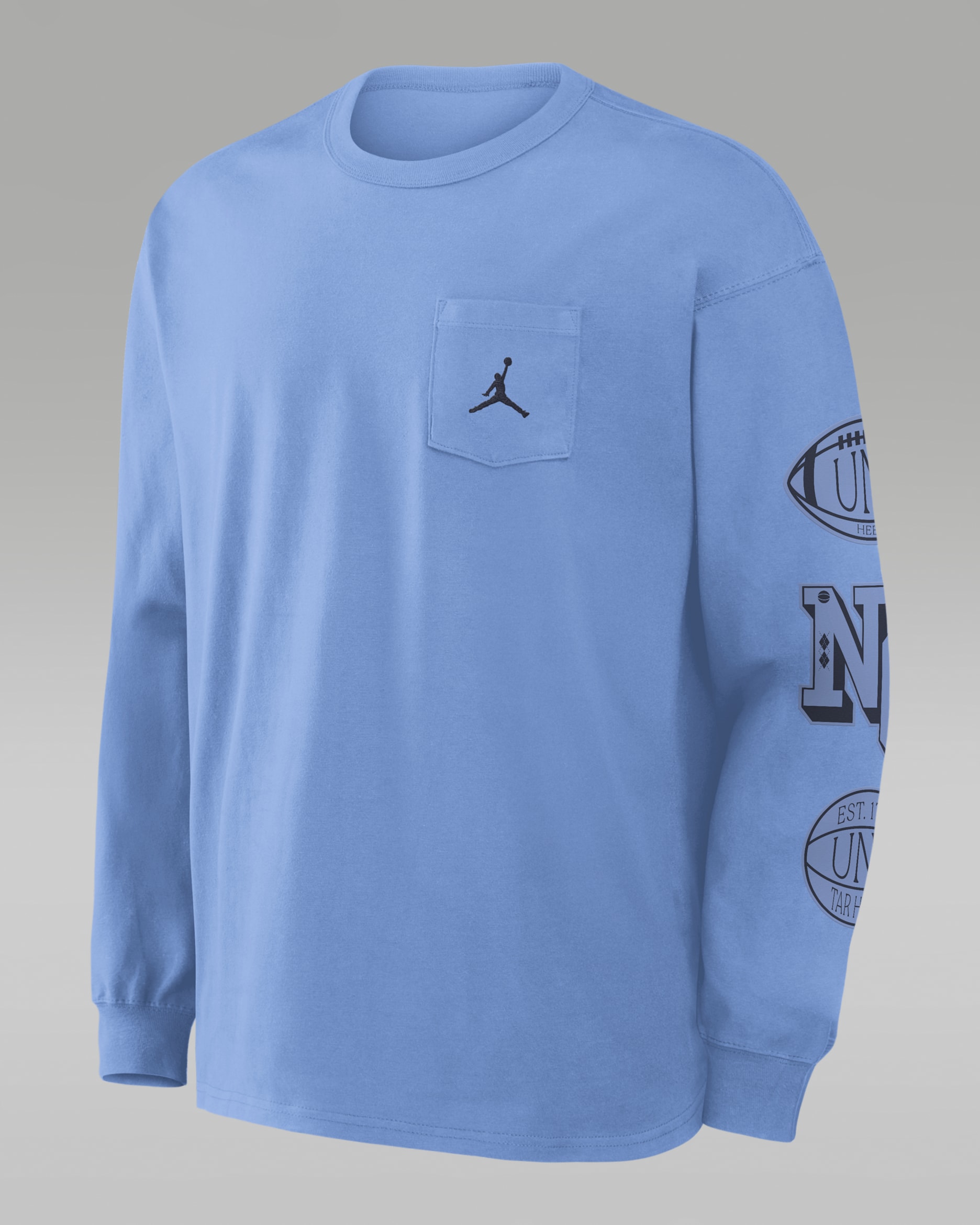 Playera de manga larga universitaria marca Jordan para hombre North Carolina Academic Max90 Pocket - Azul claro