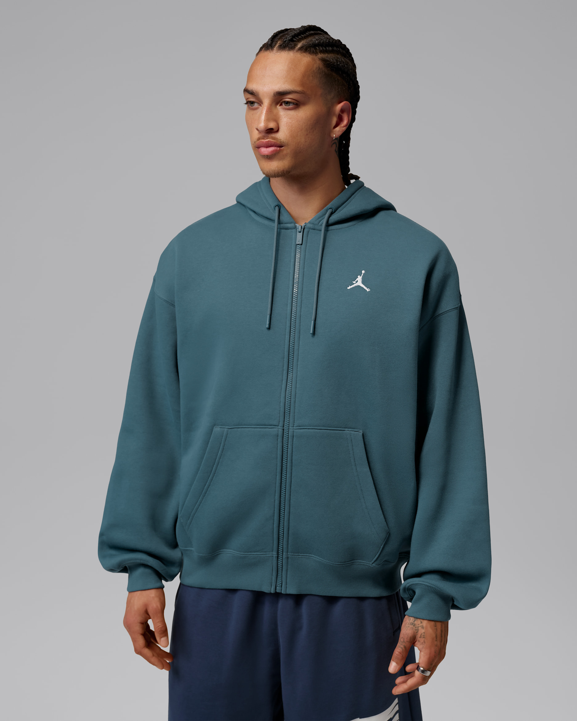 Huvtröja Jordan Brooklyn Fleece i oversize-modell med hel dragkedja för män - Ash Green/Vit