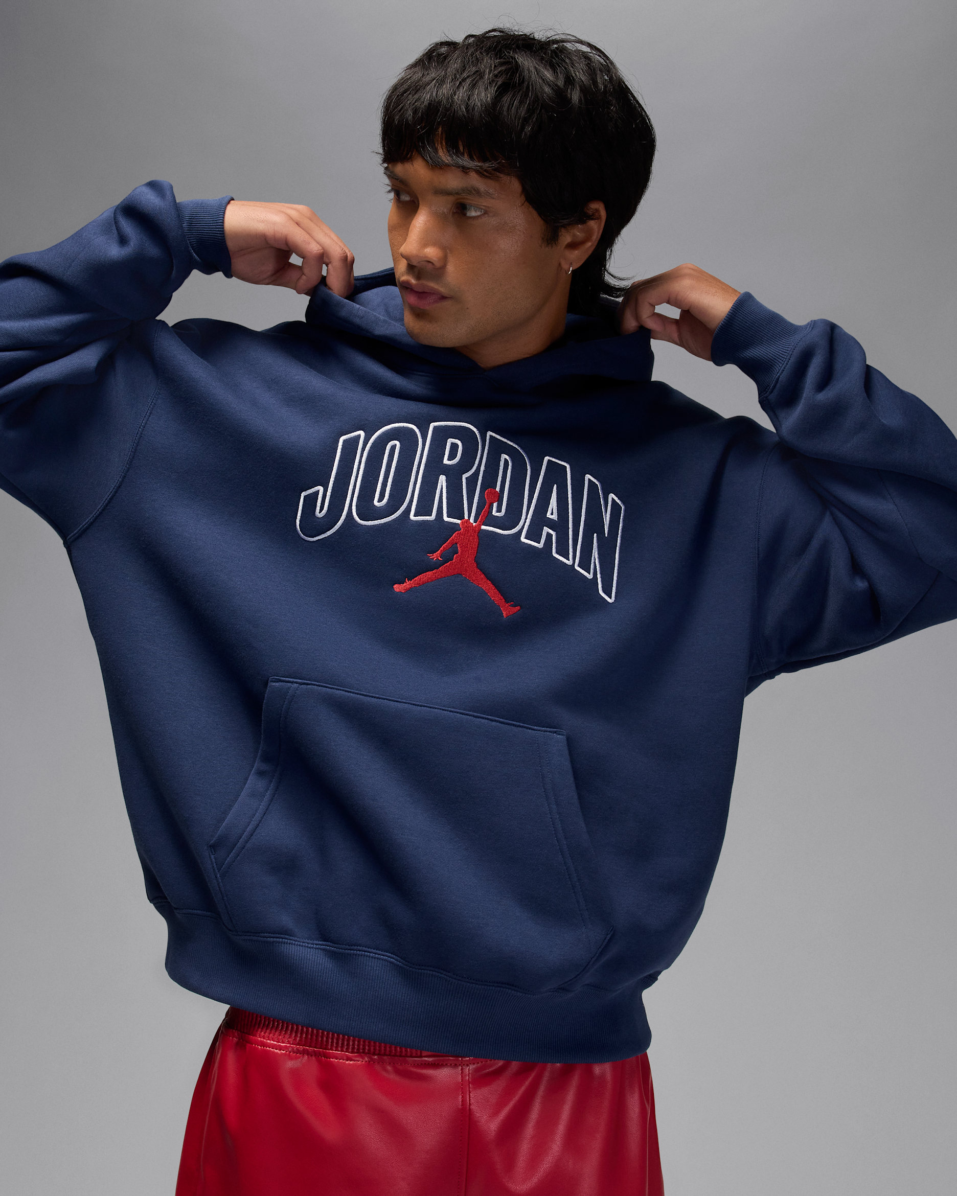 Jordan Brooklyn Fleece Men's Oversized Pullover Hoodie - Midnight Navy/Gym Red