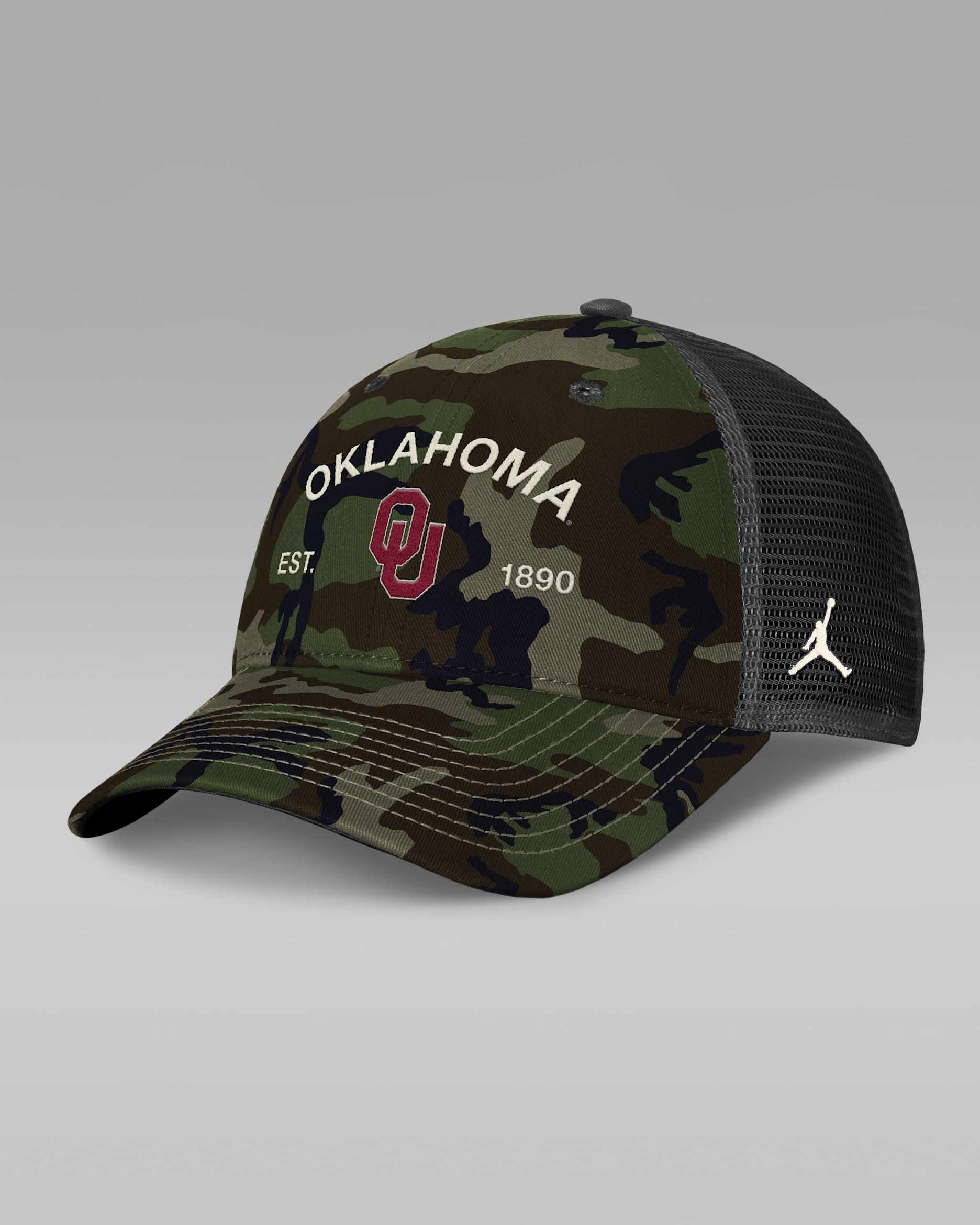 Oklahoma 2025 Military Appreciation Rise Men's Jordan Brand College Trucker Adjustable Hat - Olive