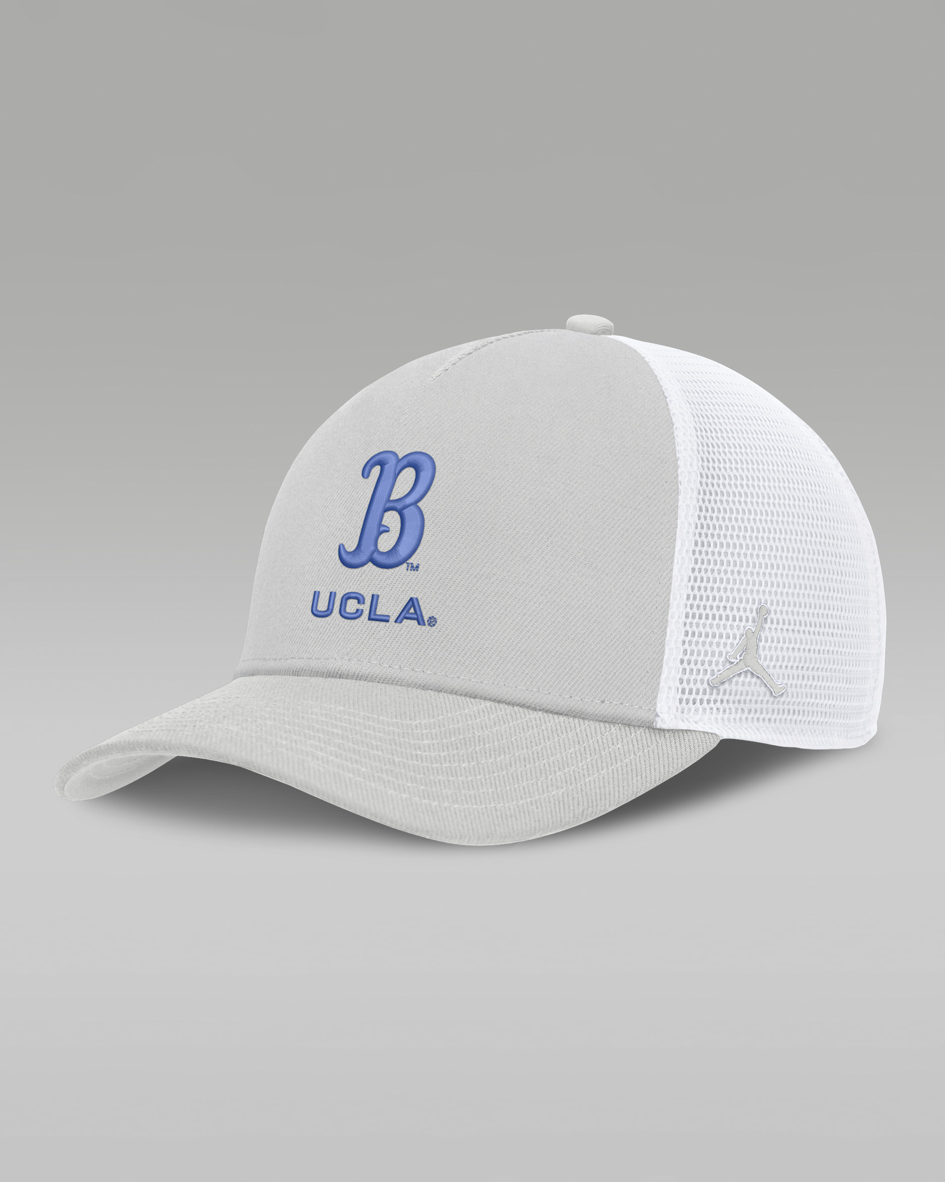 UCLA Sideline Rise Gameday Men's Jordan Brand College Trucker Adjustable Hat - Photon Dust/White