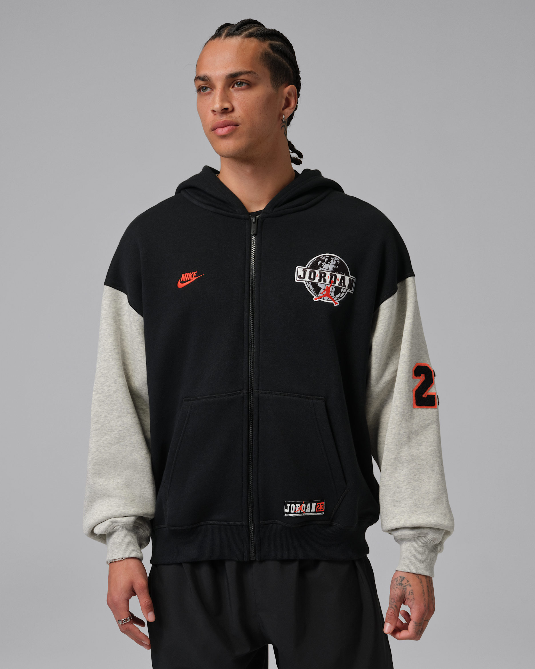 Jordan Brooklyn Men's Oversized Full-Zip Hoodie - Black/Grey Heather/Chile Red