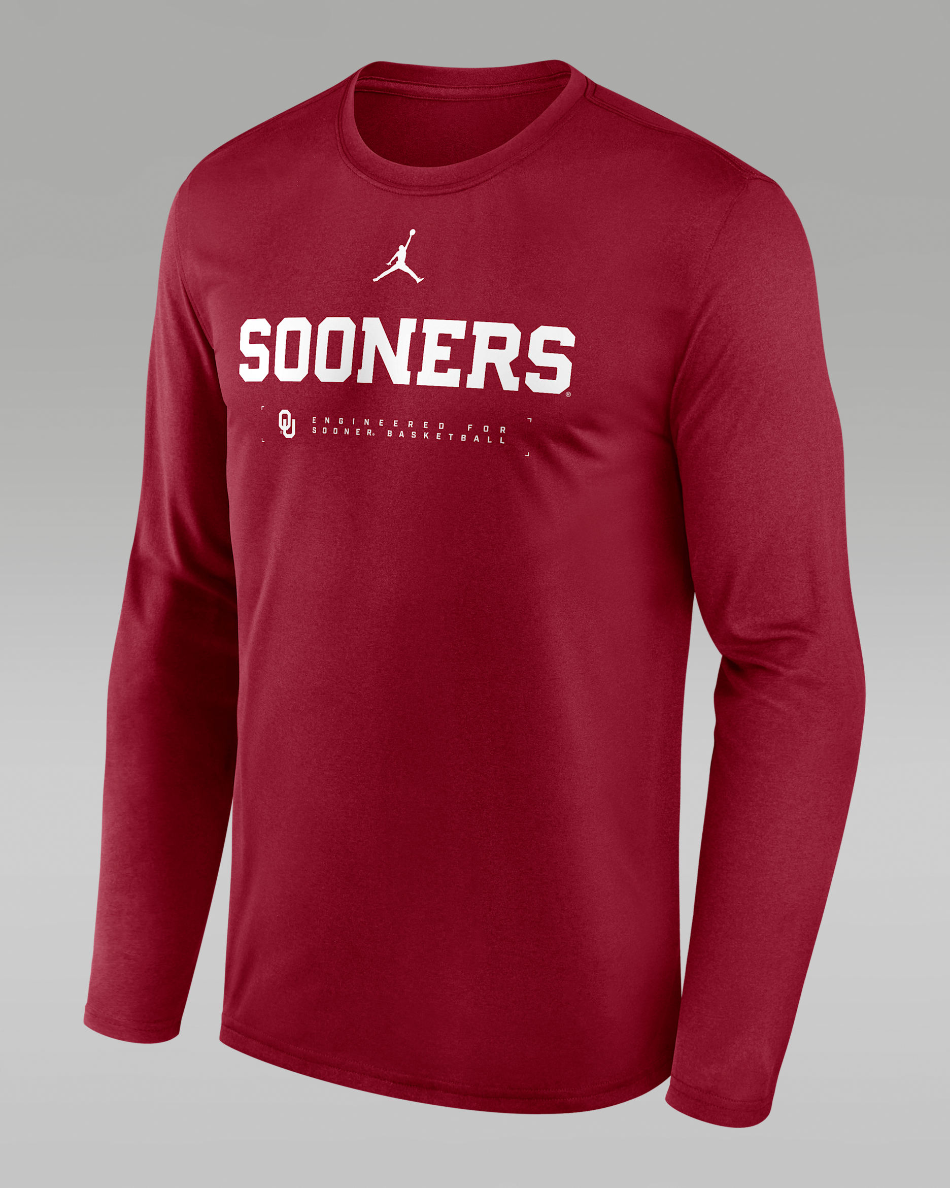 Playera universitaria de manga larga marca Jordan Dri-FIT para hombre Oklahoma Courtside Basketball Shootaround Legend - Carmesí