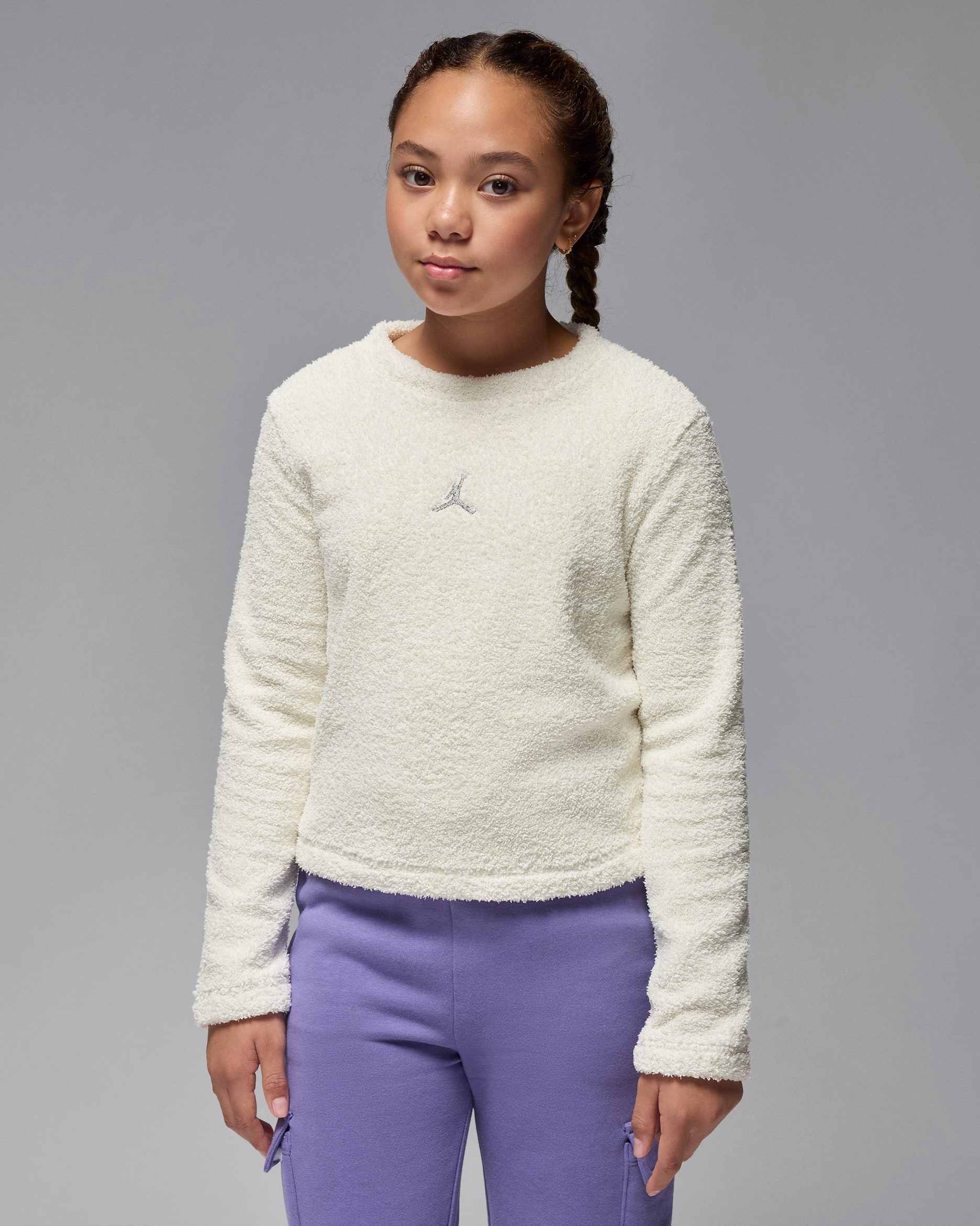 Playera de cuello redondo de bouclé para niños talla grande Jordan Mountainside - Vela