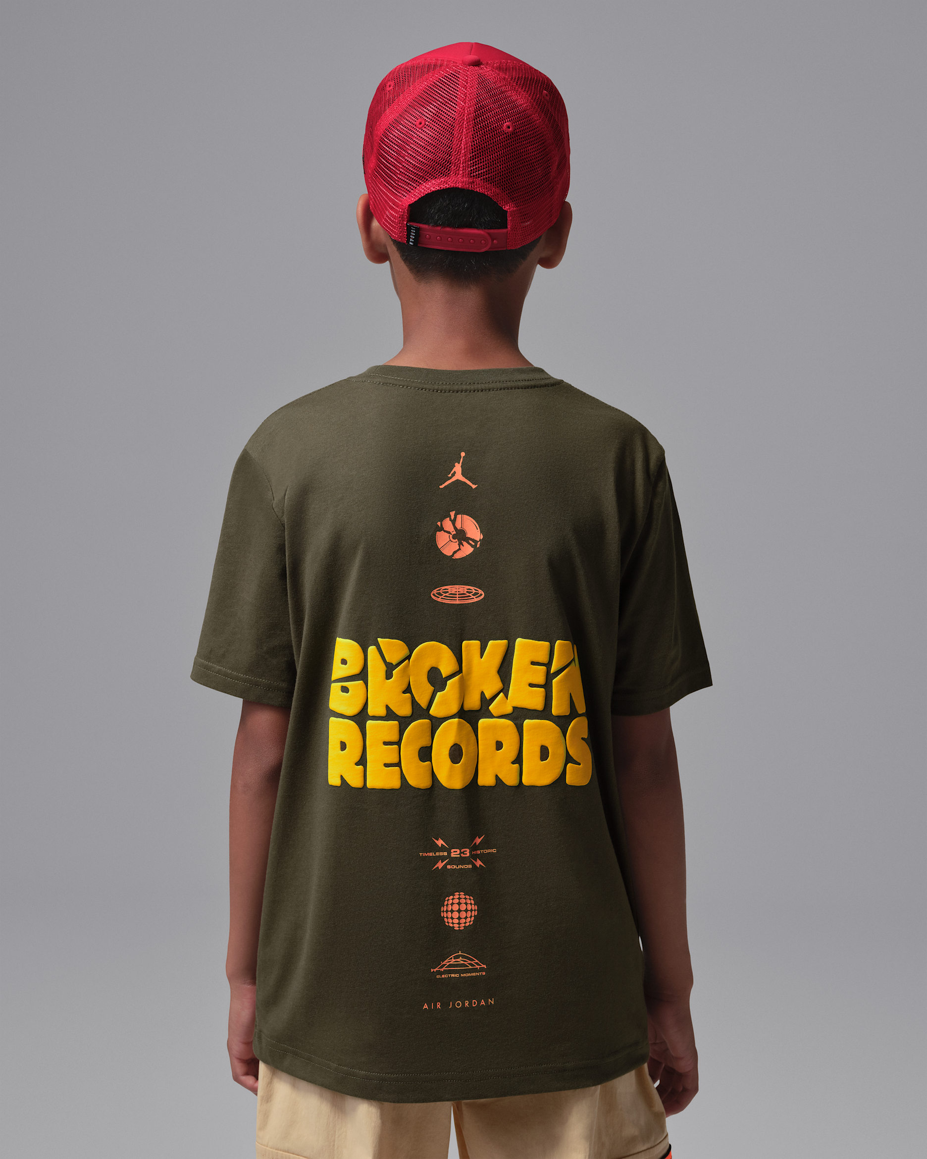 Jordan Big Kids' Broken Records T-Shirt - Army Olive/Orange/Yellow