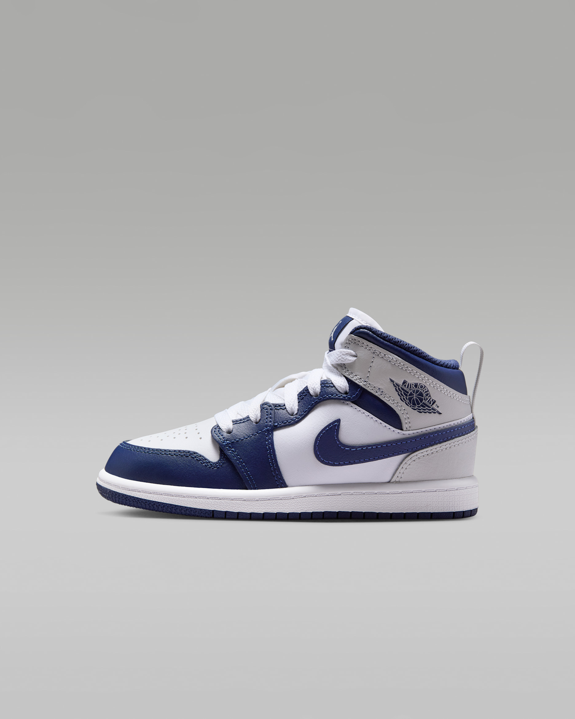 Jordan 1 Mid Younger Kids' Shoes - White/Neutral Grey/Gum Medium Brown/Midnight Navy