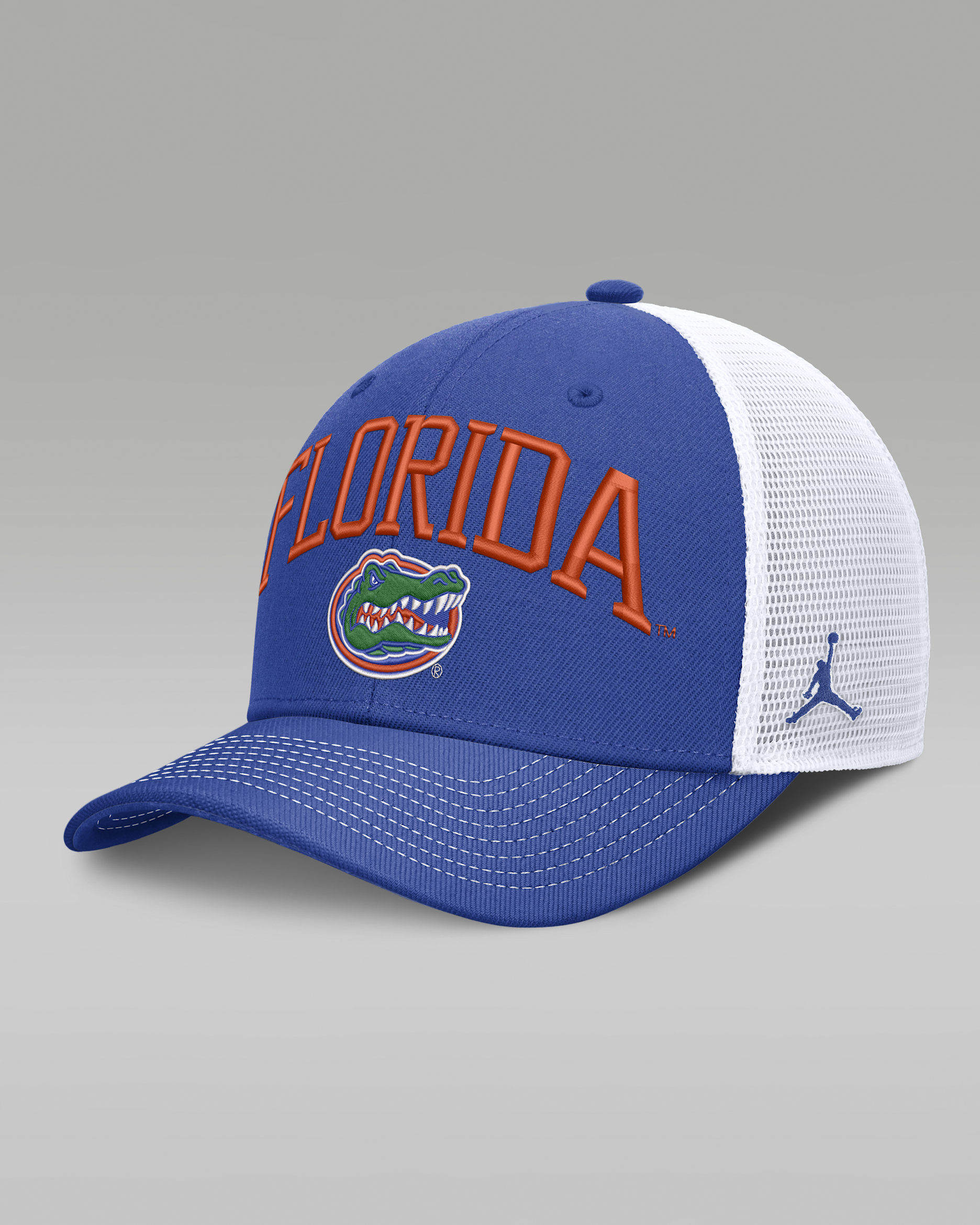 Florida Primetime Arched Men's Jordan Brand Dri-FIT College Trucker Adjustable Hat - Royal/White