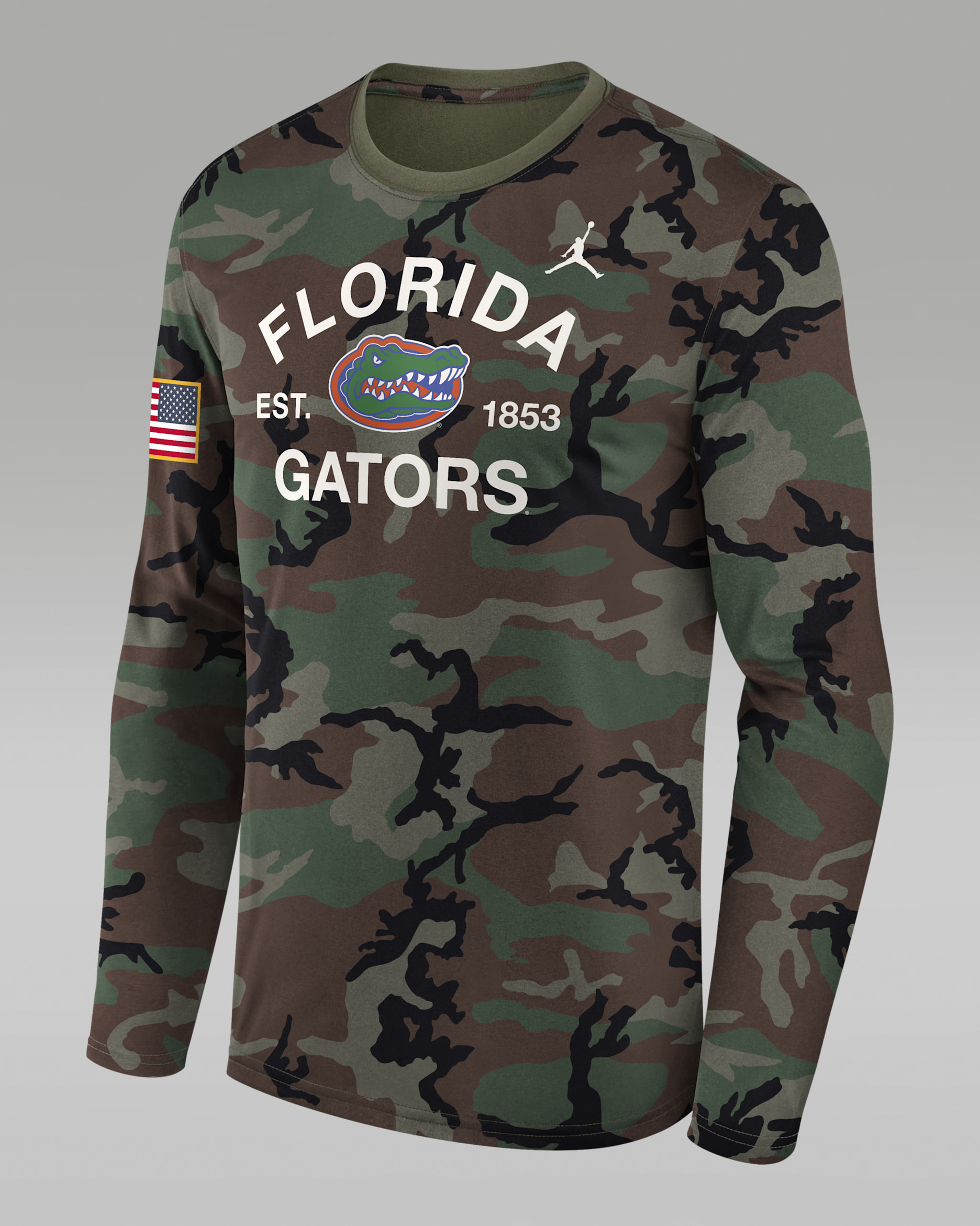 Playera de manga larga universitaria marca Jordan Dri-FIT para hombre Florida 2025 Military Appreciation Legend - Oliva