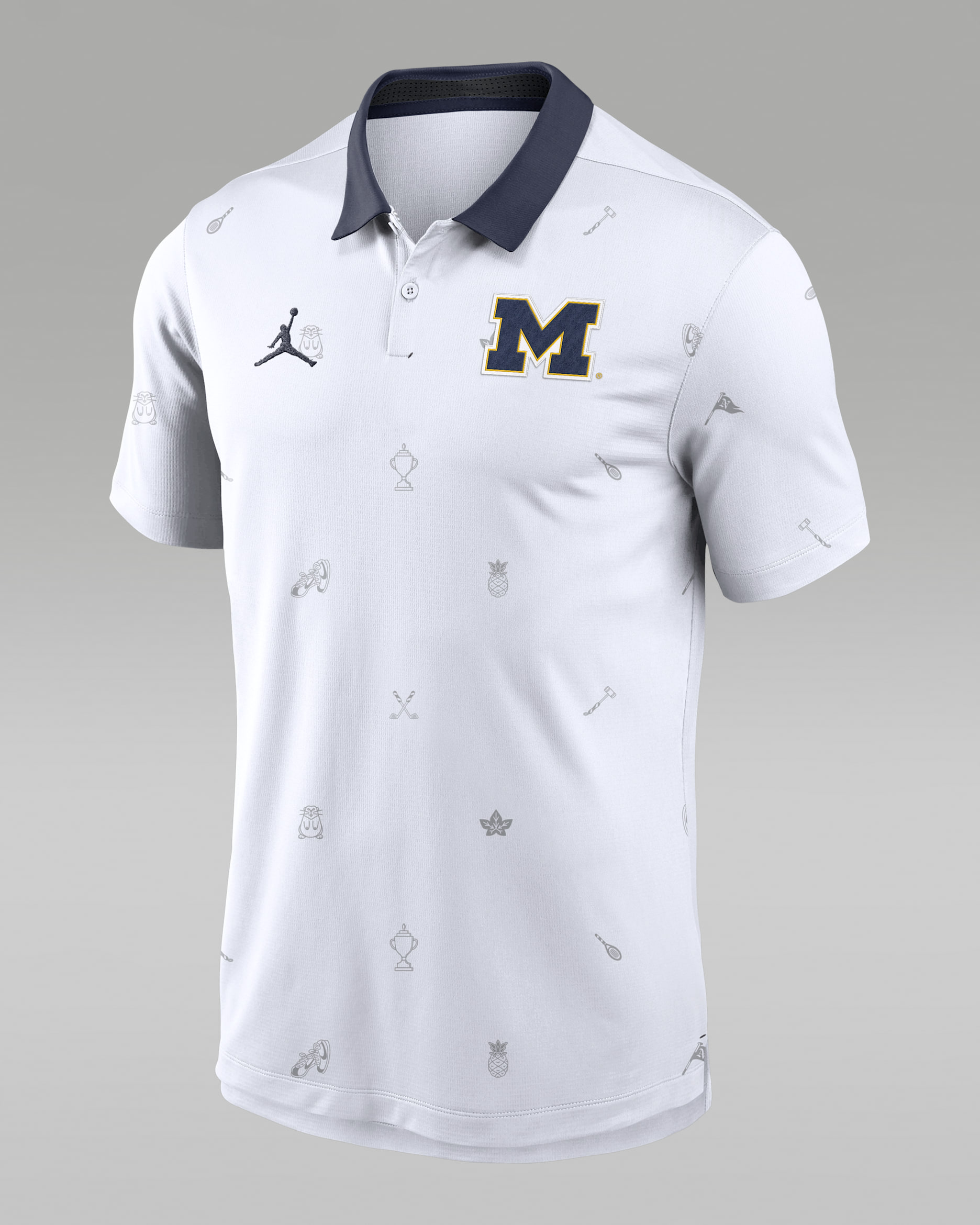 Polo universitario Dri-FIT Jordan para hombre Michigan Vapor Pattern - Blanco/Azul marino