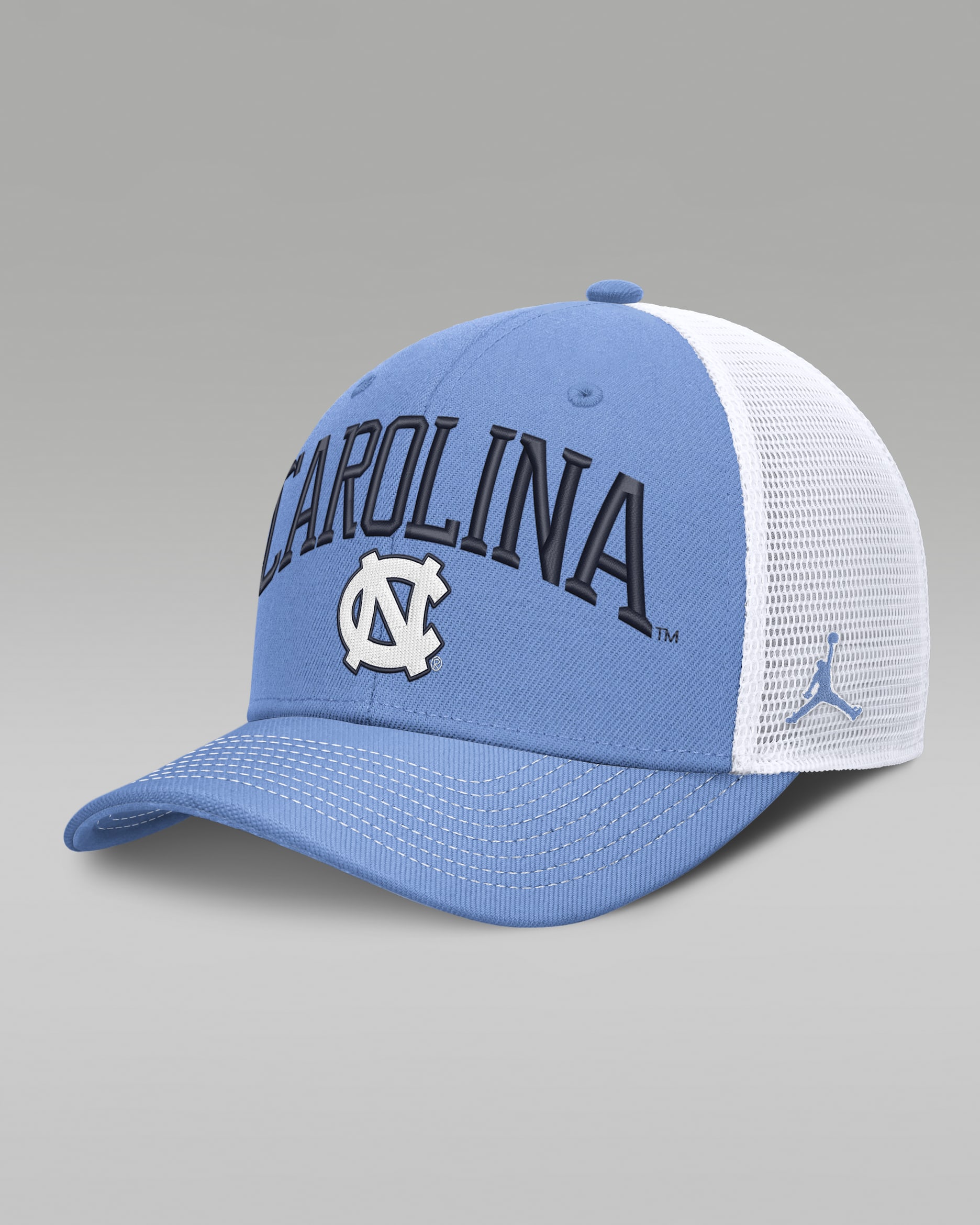 North Carolina Primetime Arched Men's Jordan Brand Dri-FIT College Trucker Adjustable Hat - Light Blue/White