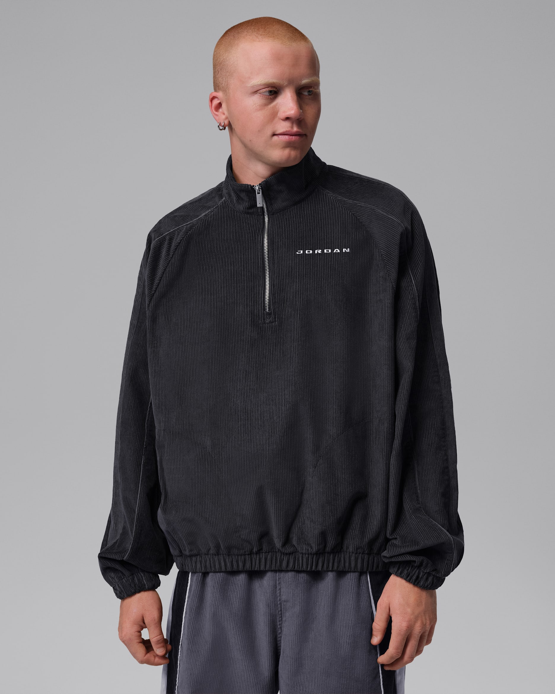Jordan Flight corduroy herentop met halflange rits - Zwart/Zwart/Dark Smoke Grey/Wit