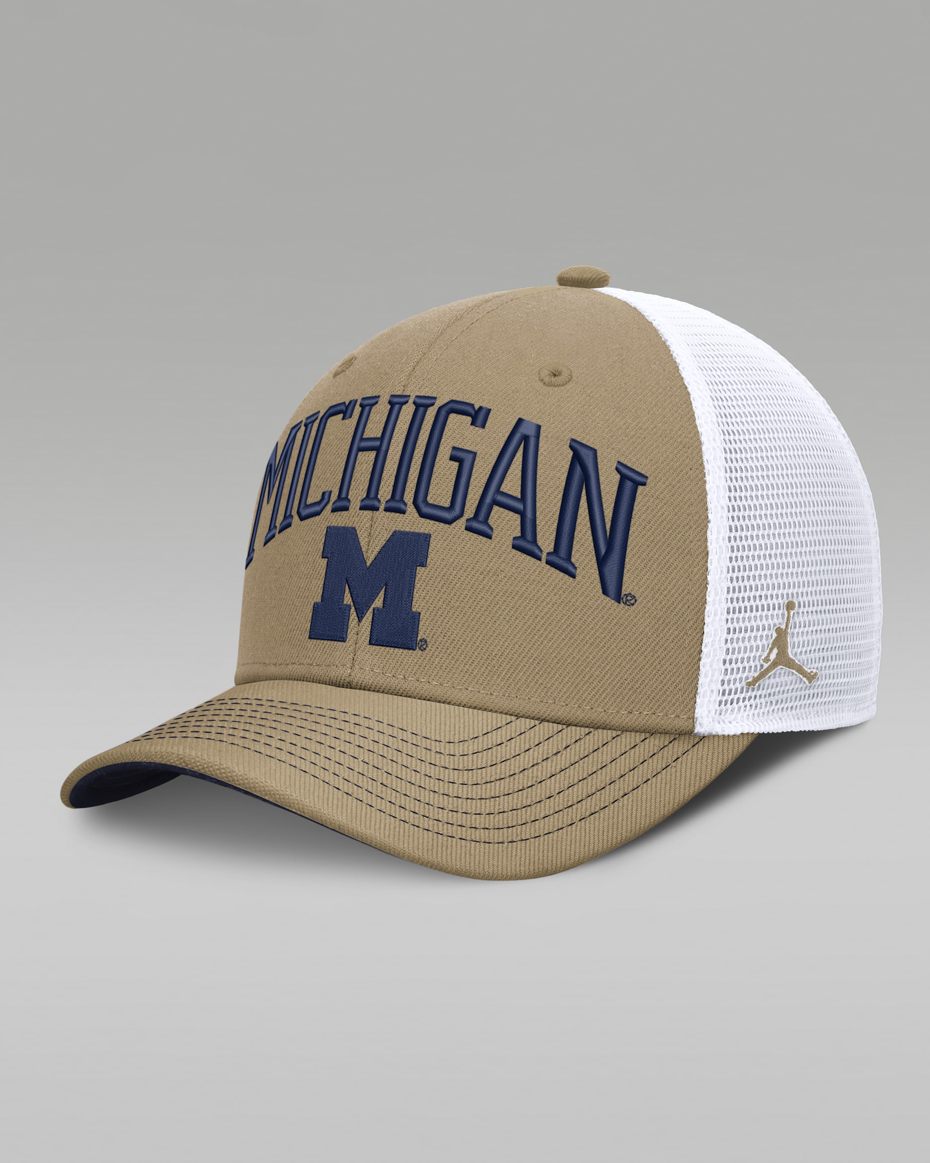 Michigan Primetime Arched Men's Jordan Brand Dri-FIT College Trucker Adjustable Hat - Classic Beige/Navy