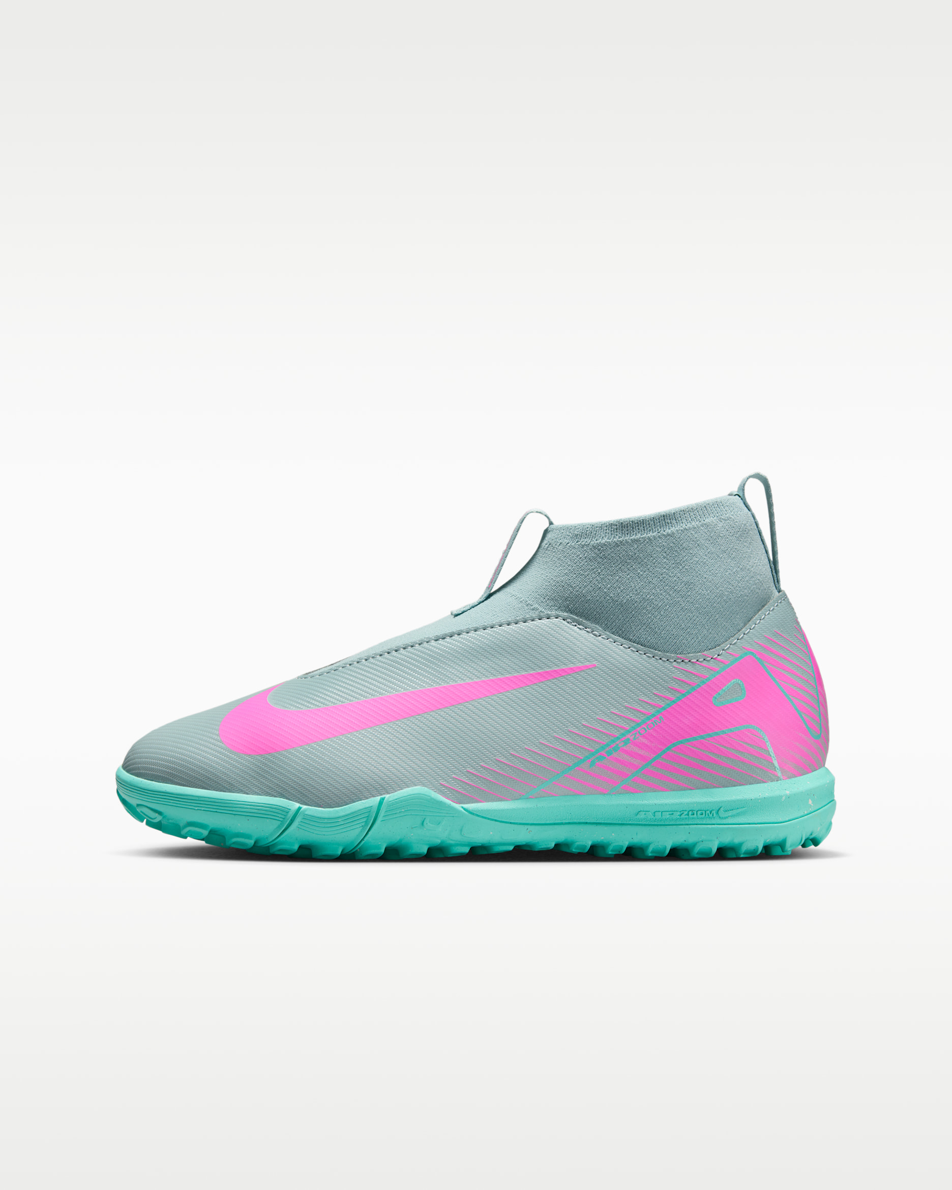 Tacos de fútbol para pasto sintético (turf) de corte high para niños de preescolar y grandes Nike Jr. Mercurial Superfly 10 Academy - Cubo océano/Avalancha rosa