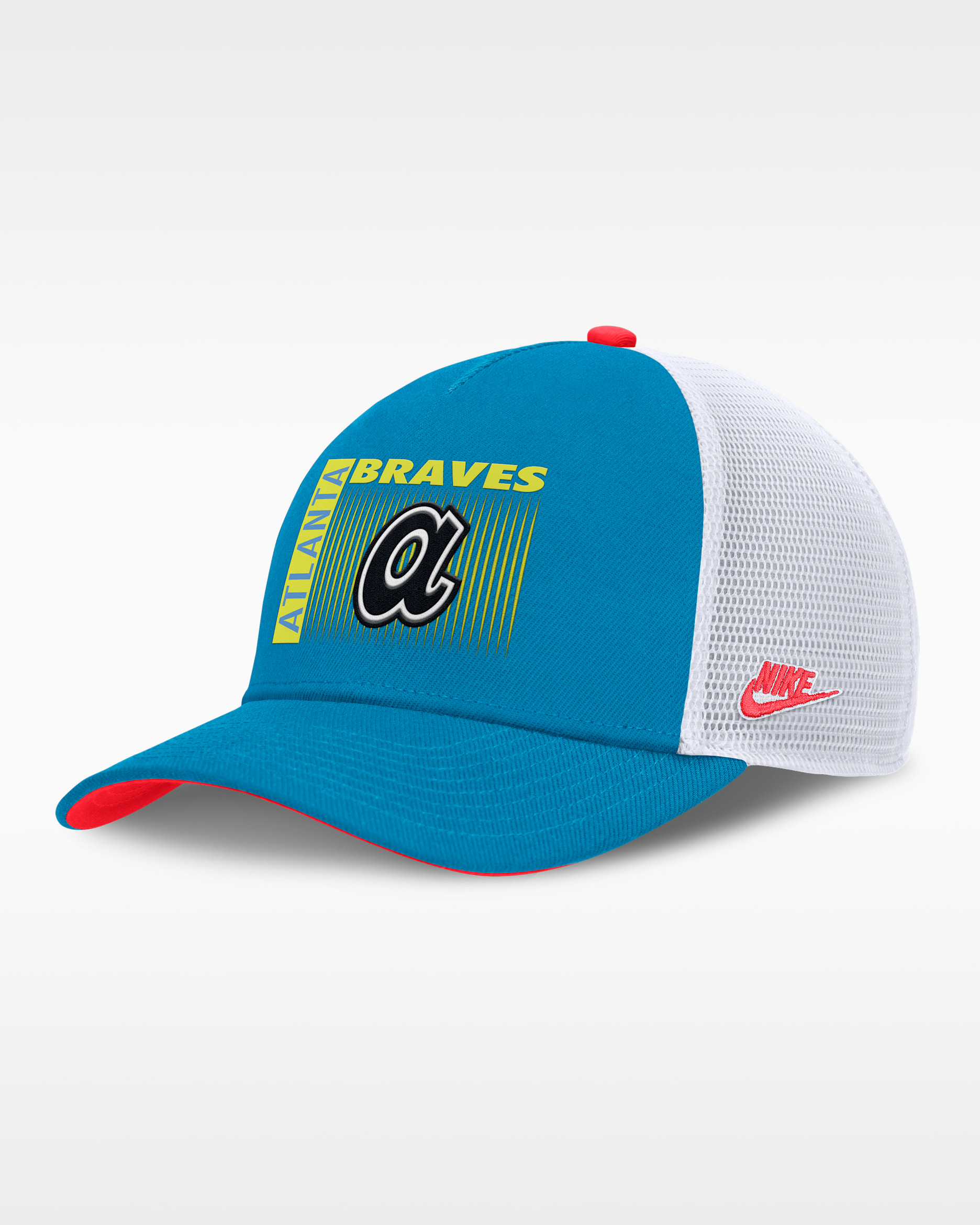 Atlanta Braves Neon 90s Rise Men's Nike Dri-FIT MLB Trucker Adjustable Hat - Blue