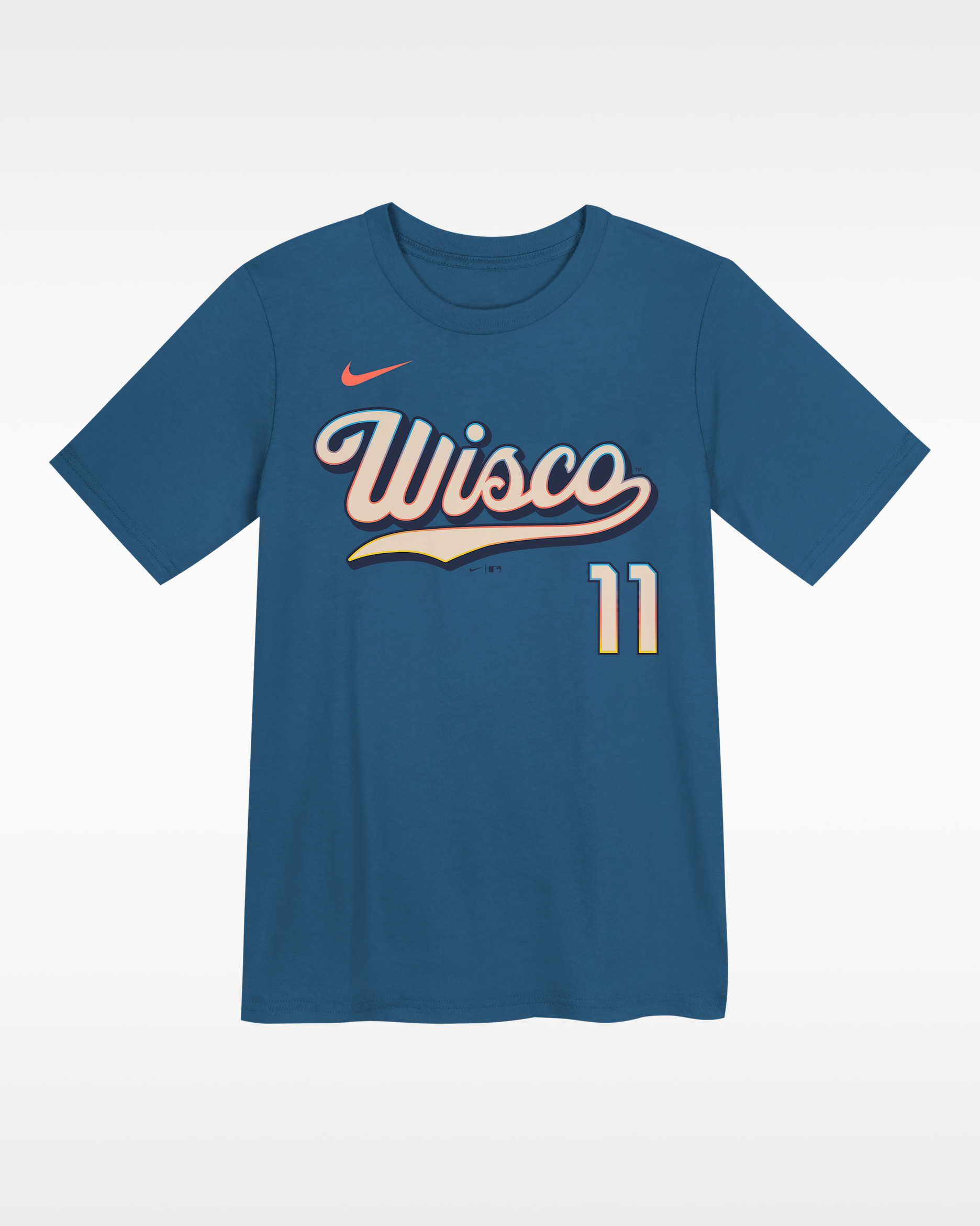 Playera Nike de la MLB para niños talla pequeña Jackson Chourio Milwaukee Brewers City Connect - Azul gris