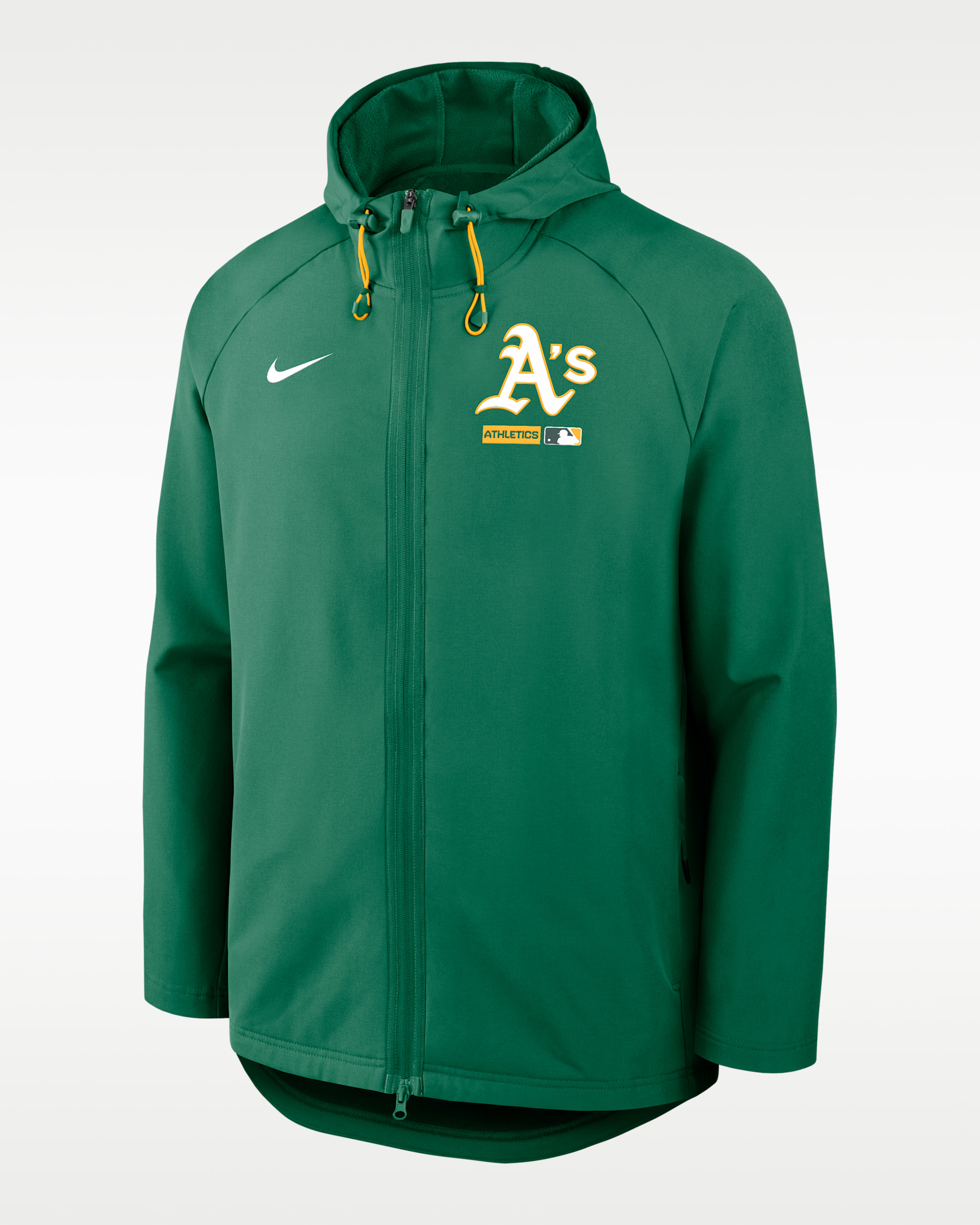 Chamarra Nike Therma-FIT de la MLB con gorro y cierre completo para hombre Athletics Authentic Collection - Verde Kelly