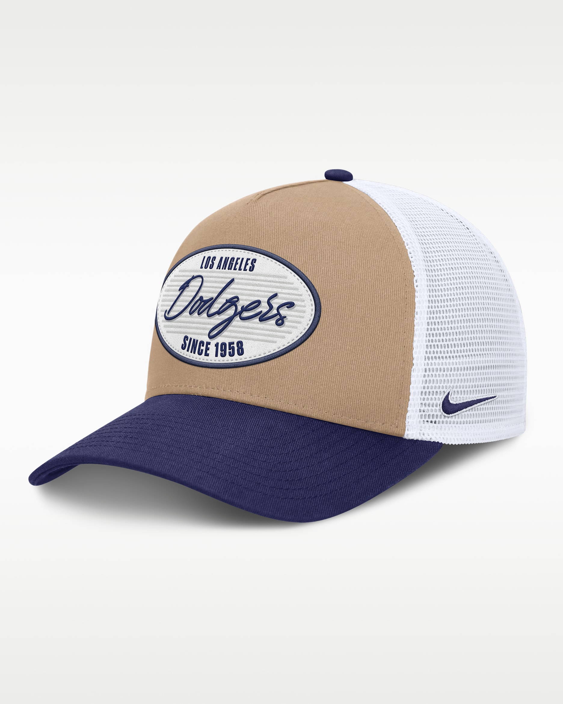 Los Angeles Dodgers Rise Men's Nike MLB A-Frame Trucker Adjustable Hat - Khaki/Royal/White/Royal