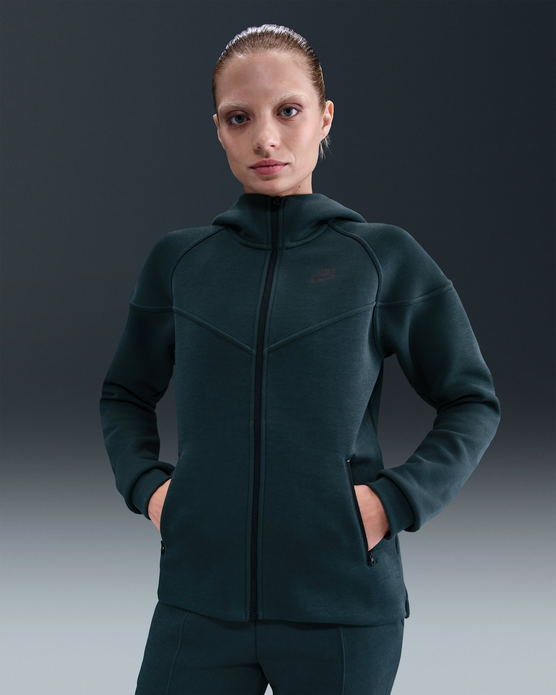 Sudadera con gorro de cierre completo para mujer Nike Sportswear Tech Fleece Windrunner - Alga/Negro