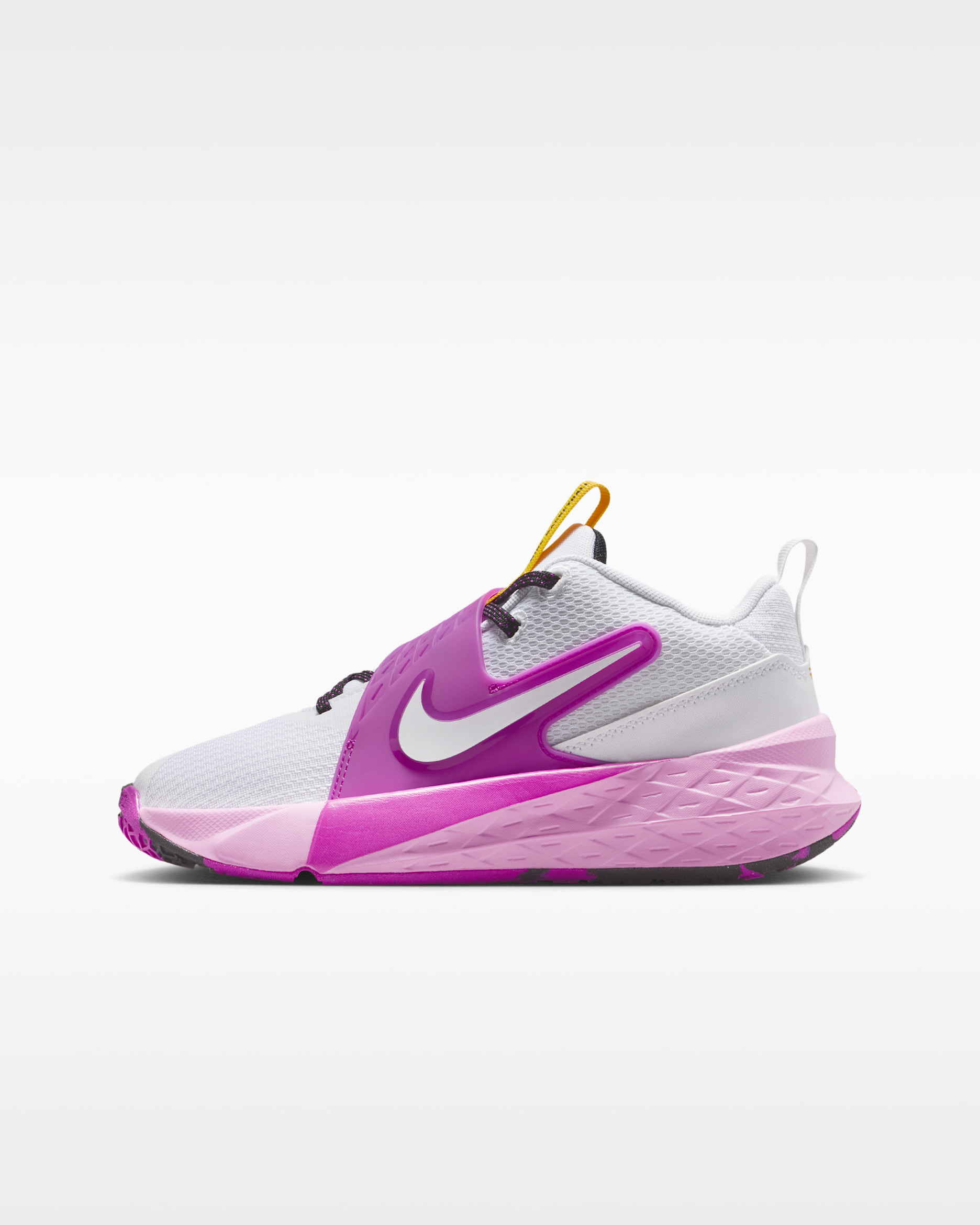 Nike Team Hustle D 12 Big Kids' Basketball Shoes - White/University Gold/Vivid Purple/White