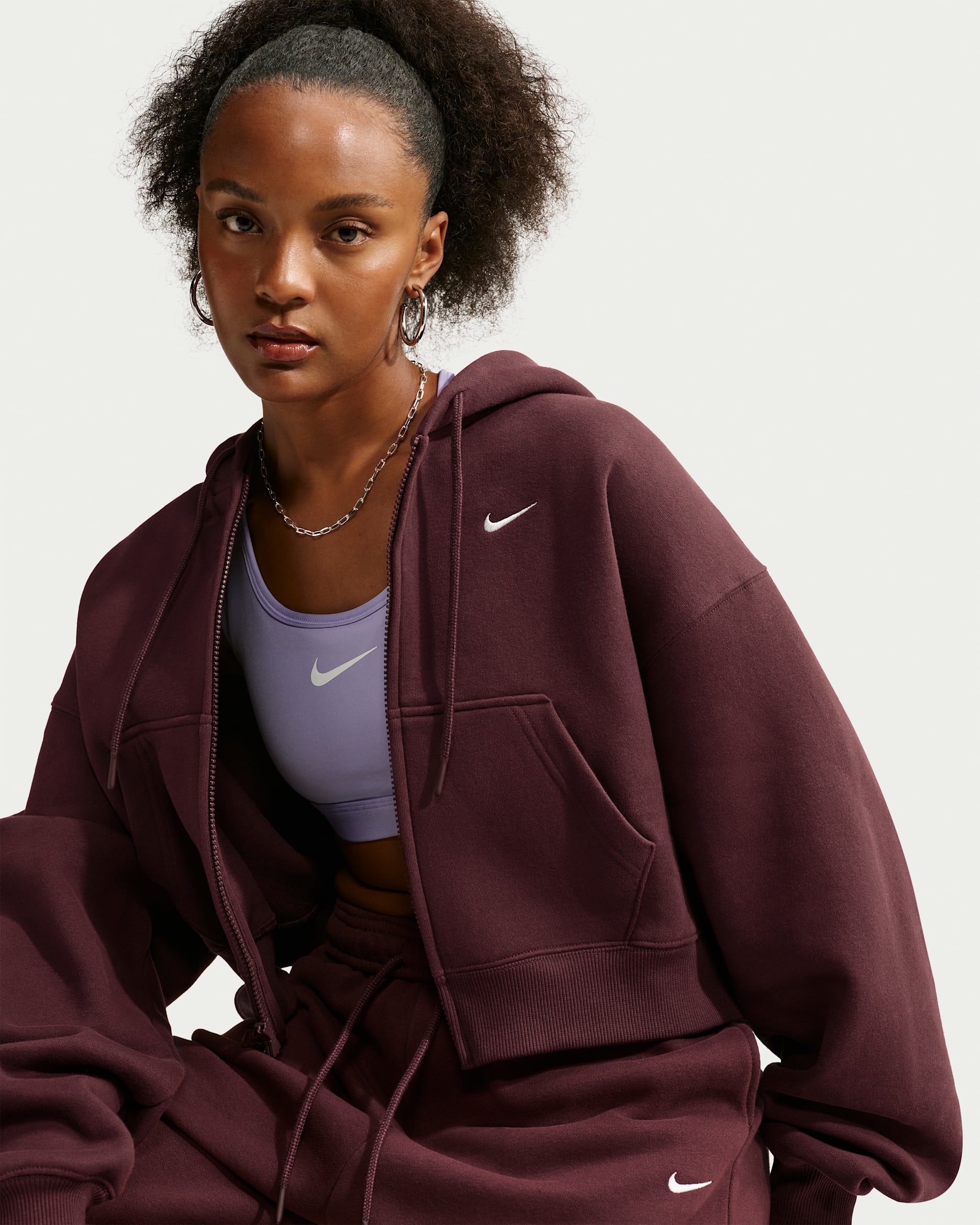 Nike Studio Fleece Medium Weight Women's Oversized Full-Zip Cropped Hoodie - Mystic Dates/Sail