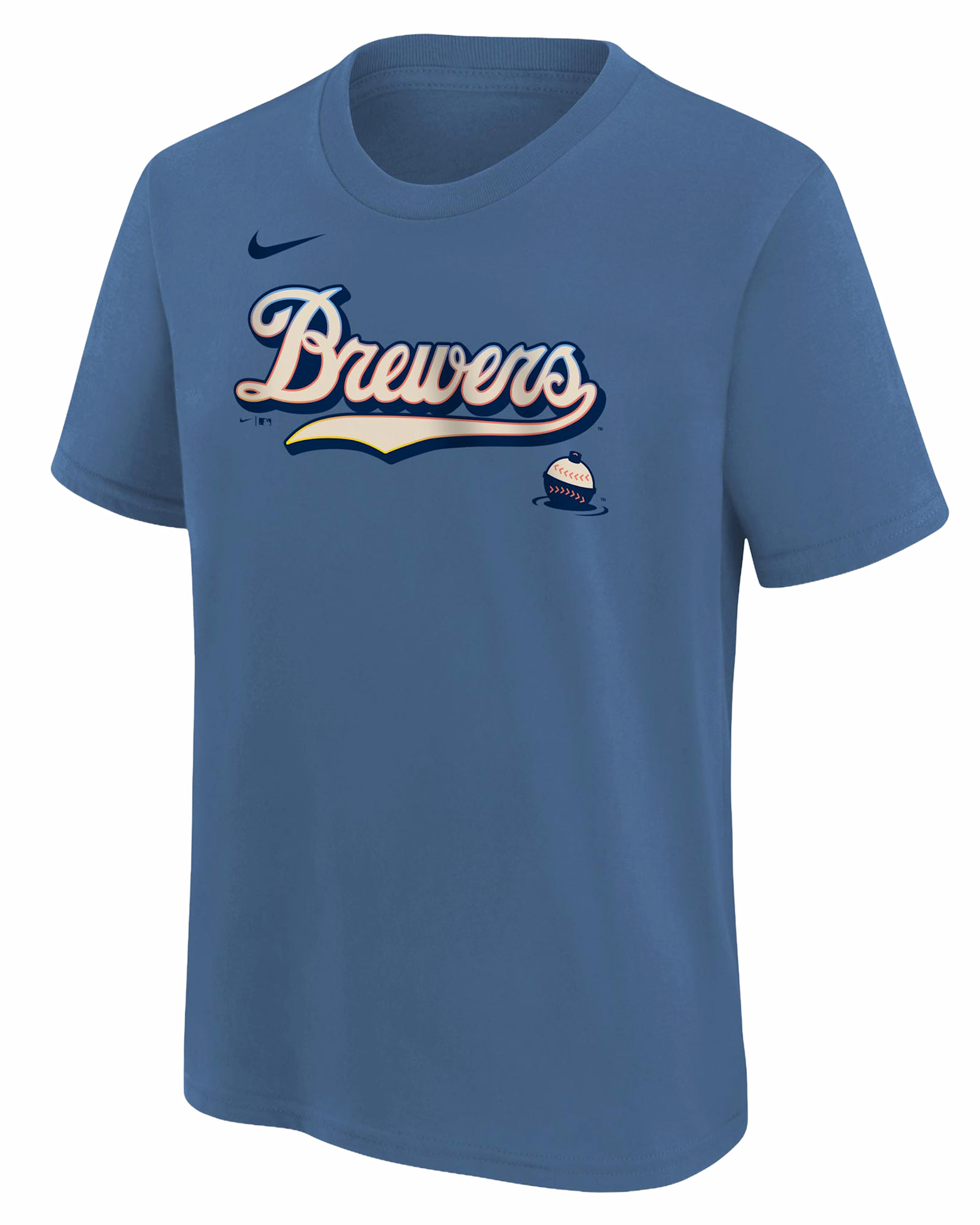 Playera Nike de la MLB para niños talla grande de los Milwaukee Brewers, con marca denominativa City Connect - Azul marino