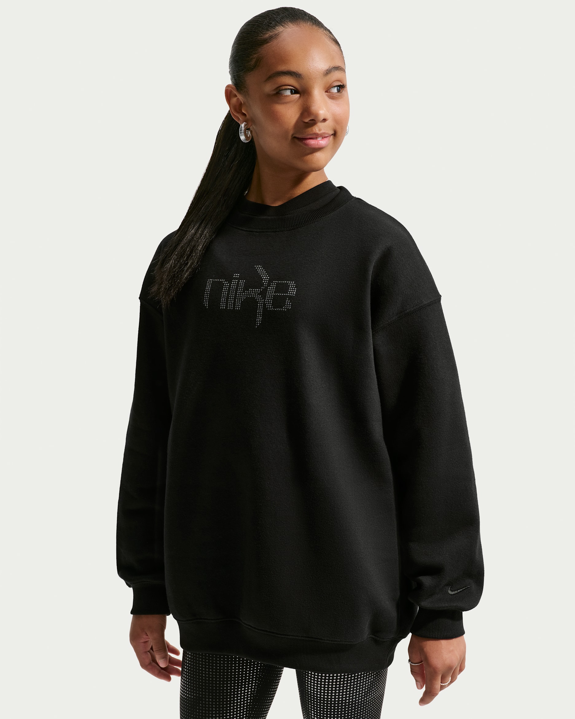 Nike Studio Fleece Oversize-Sweatshirt mit Rundhalsausschnitt (ältere Kinder, Mädchen) - Schwarz