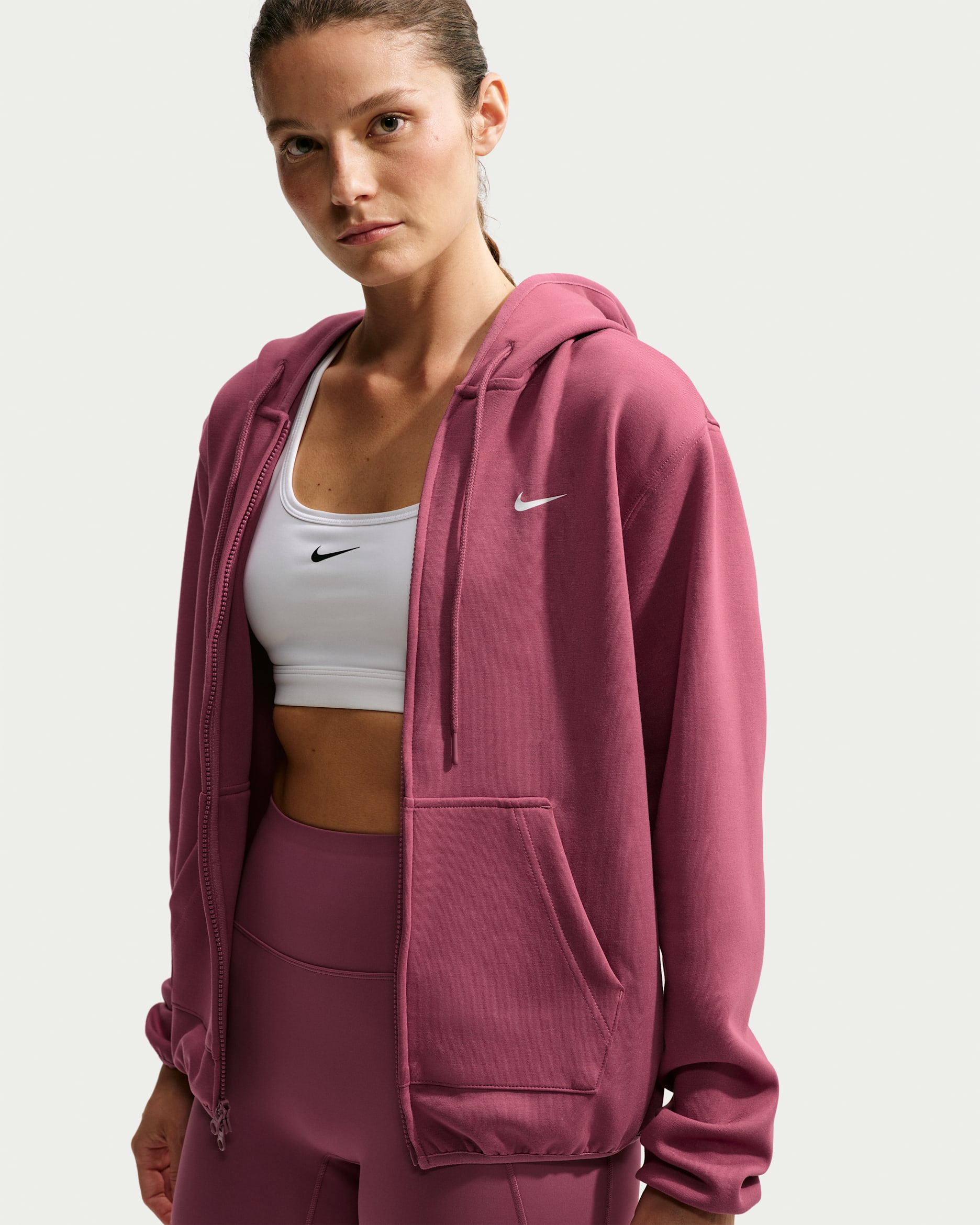 Sudadera con gorro y cierre completo Dri-FIT para mujer Nike Studio Fleece Sport - Rosa humo/Blanco