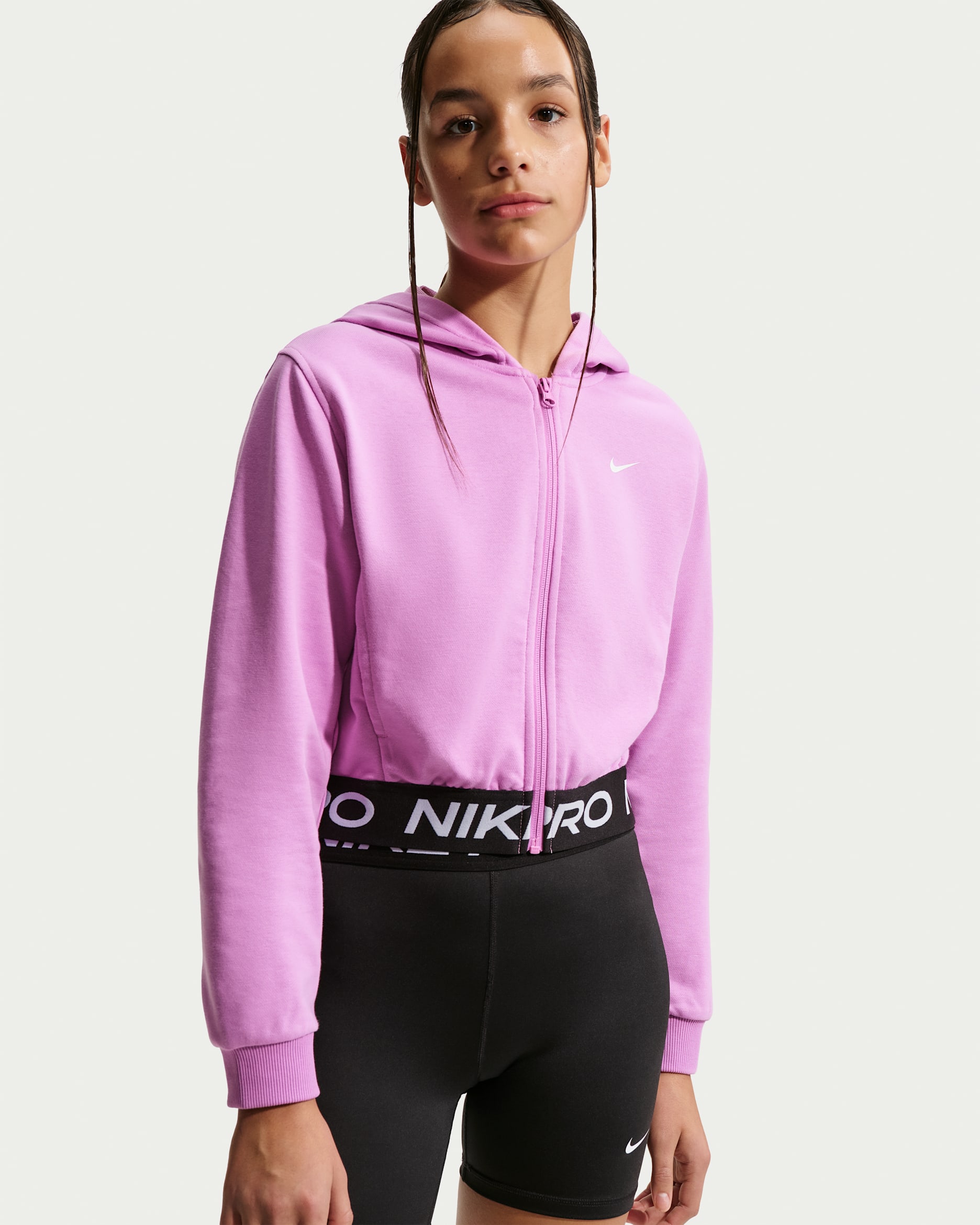 Nike Pro Fleece Dri-FIT hettejakke til store barn (jente) - Light Magenta/Light Magenta/Svart/Hvit