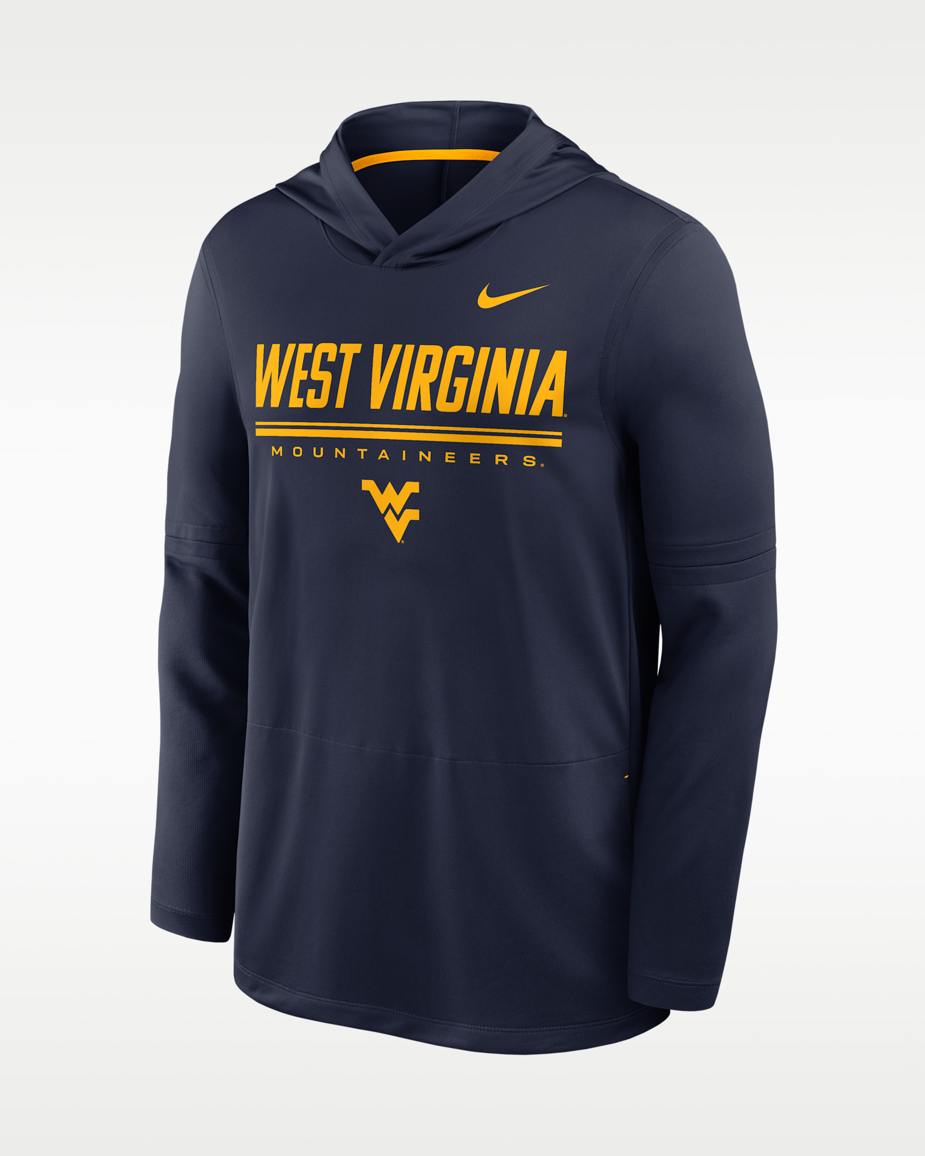 Playera de manga larga universitaria Nike Dri-FIT con gorro para hombre West Virginia Sideline - Azul marino universitario/Oro universitario